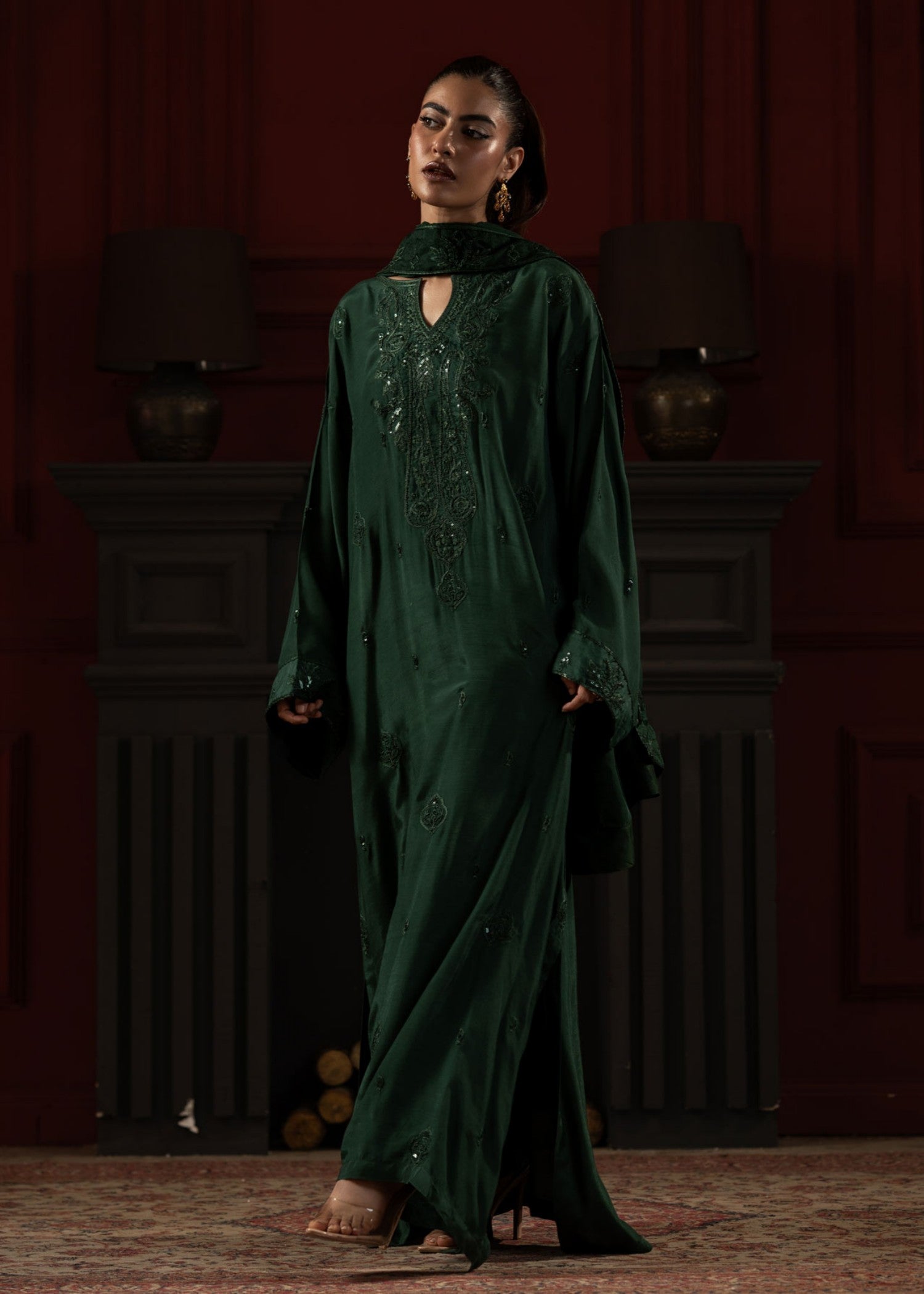 raw silk Kaftan in Bottle green