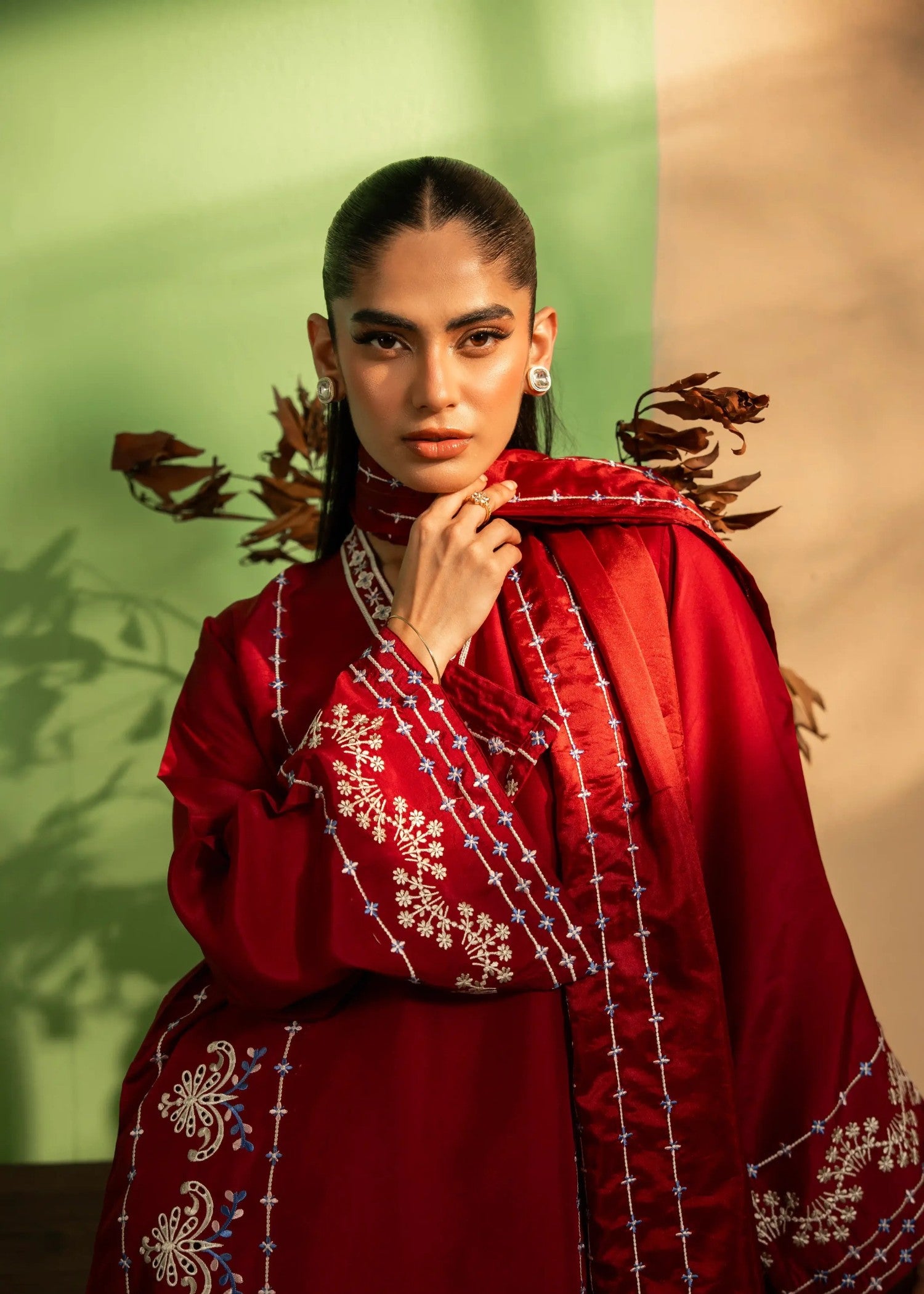 khaddi silk Kurta Set in Crimson