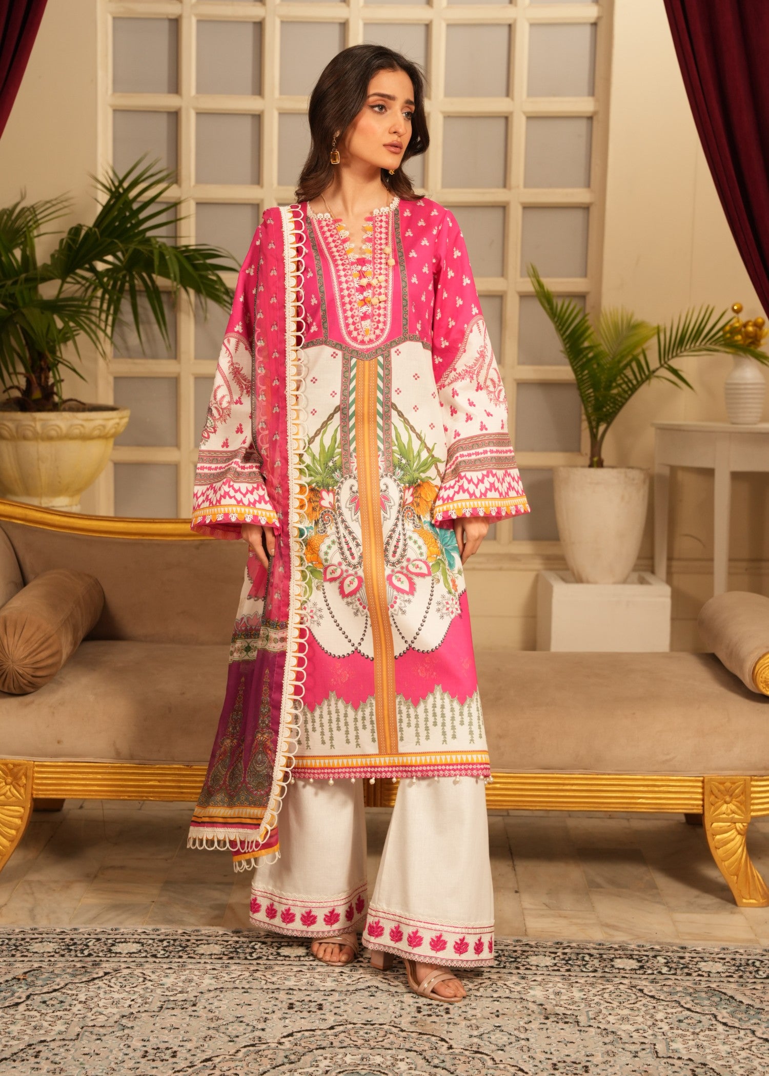lawn Unstitched in Pink, white