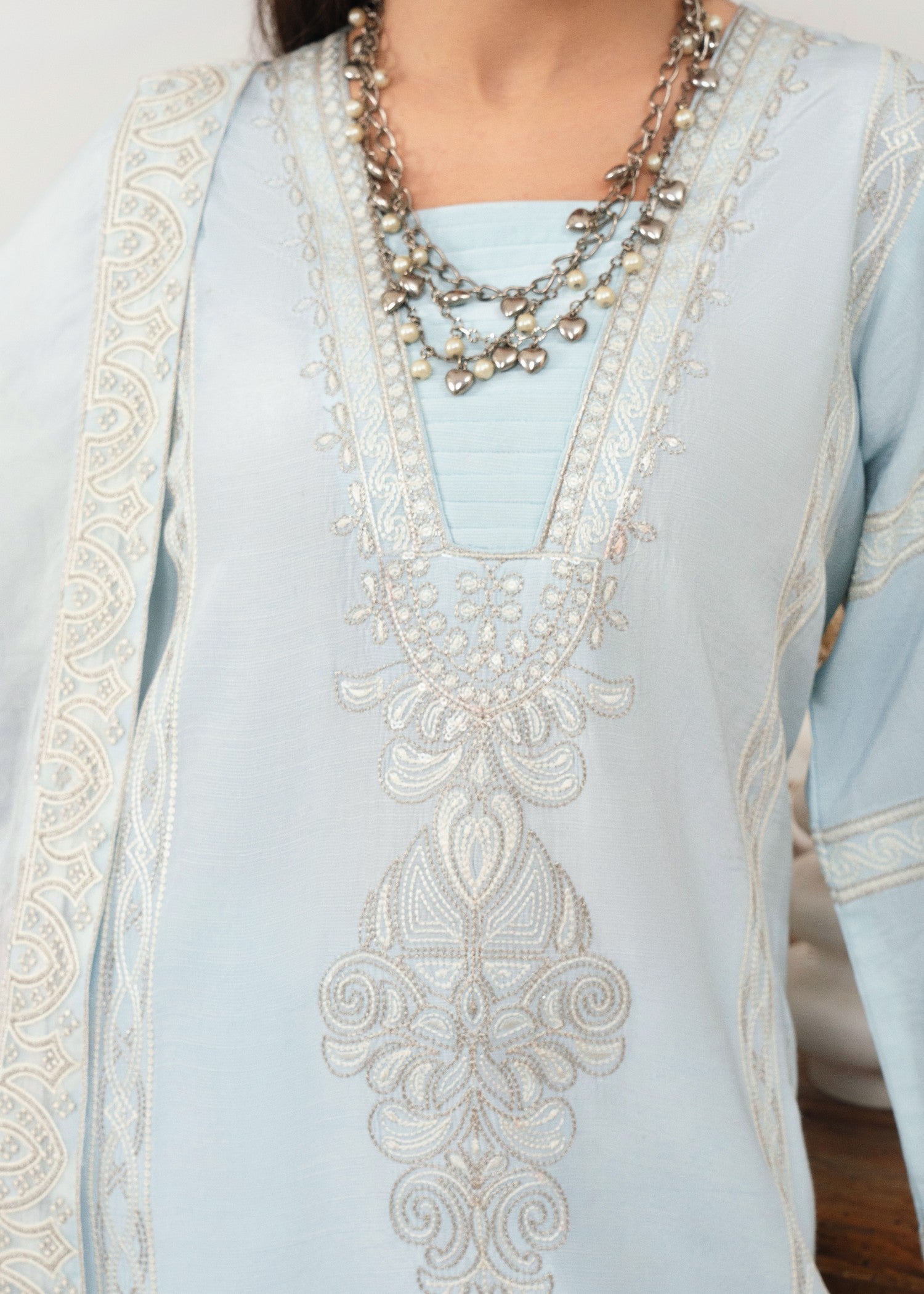 raw silk Kurta Set in Silver, ice blue