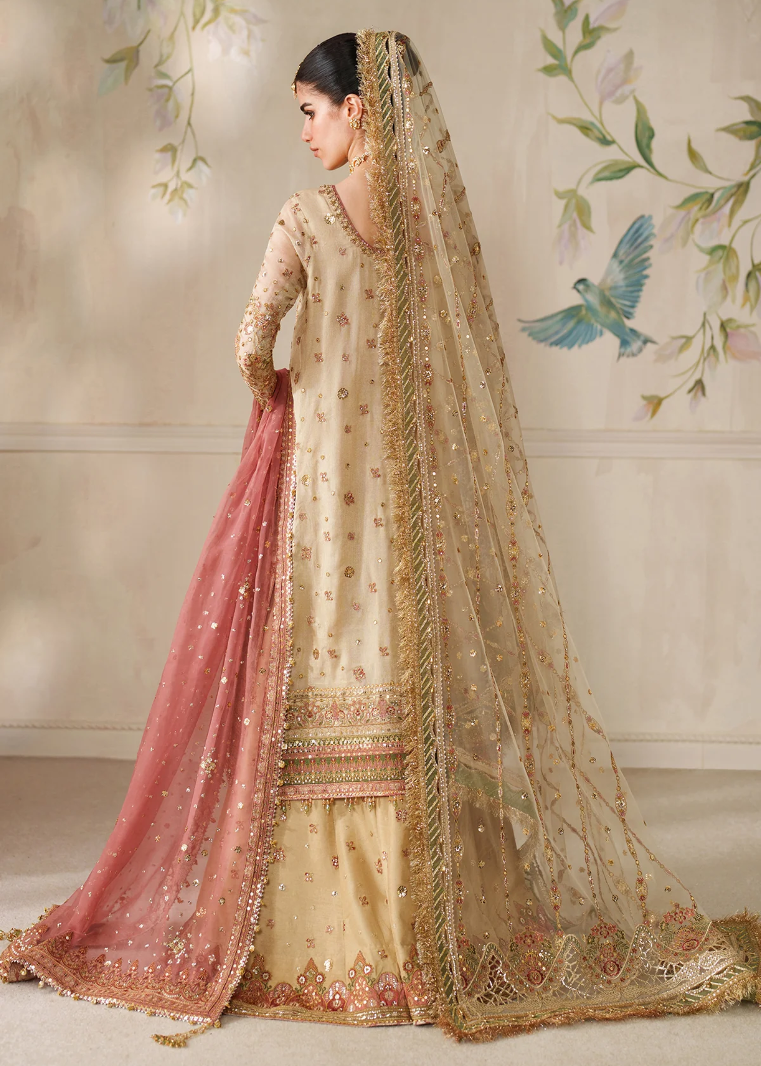 zari net Unstitched in Beige