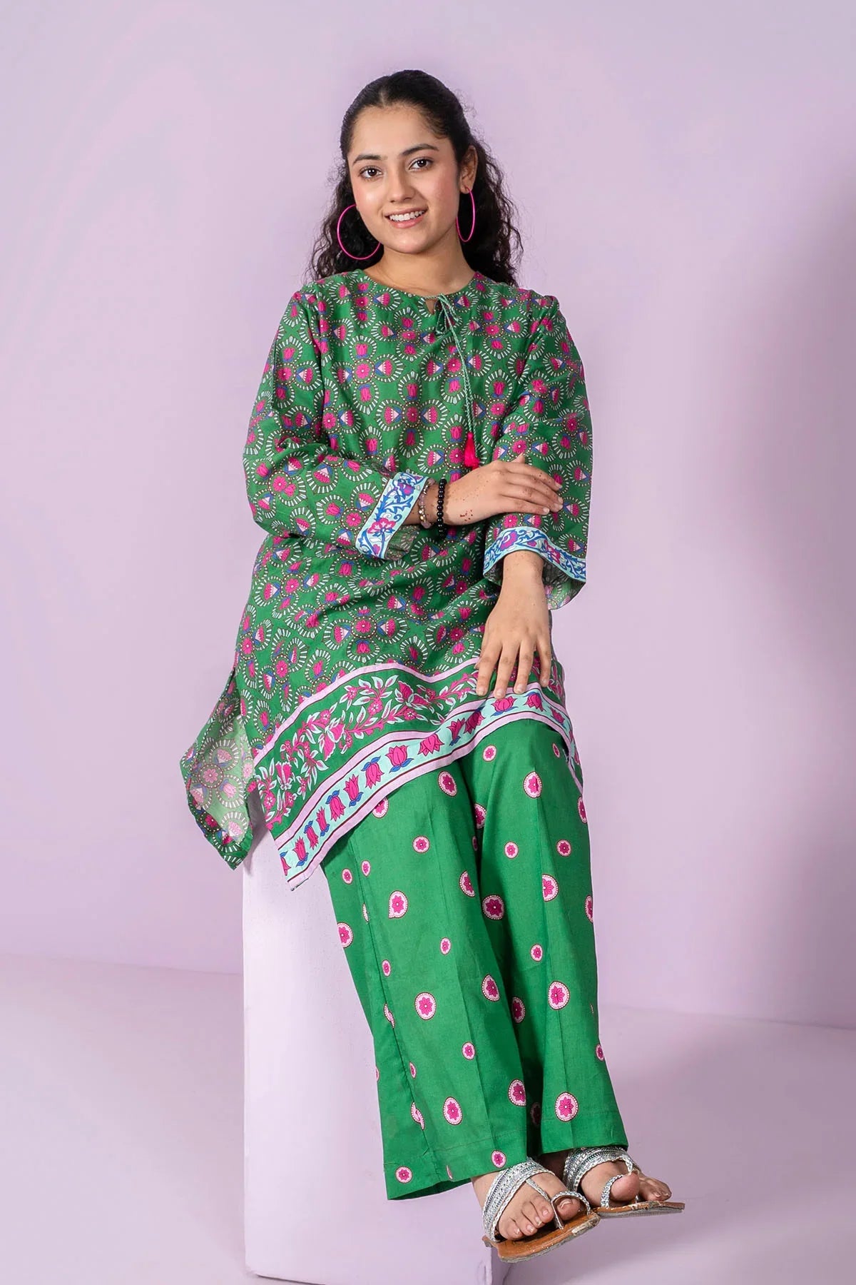 lawn cotton Kurta Set in Dark green