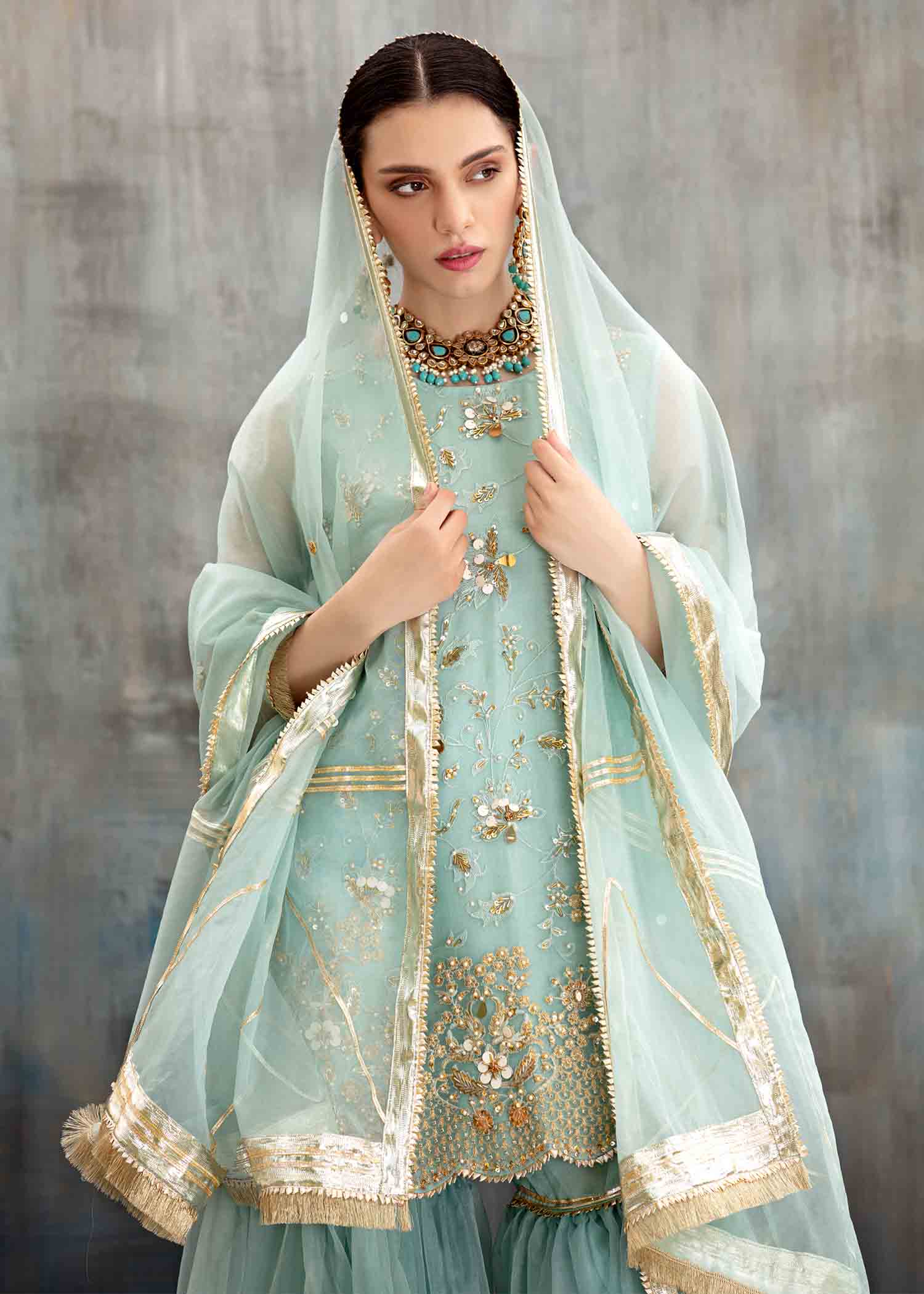 organza Gharara in Sky blue