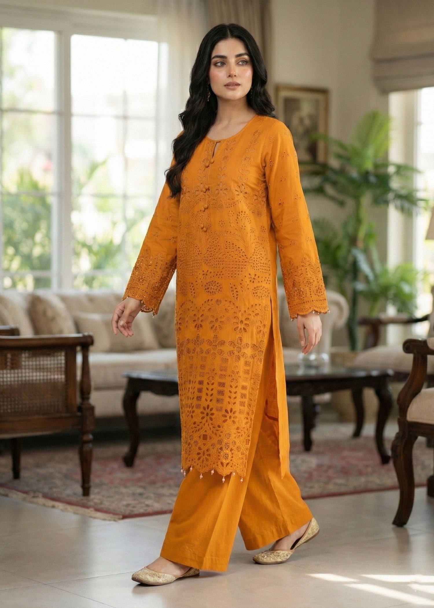 chikankari cotton Kurta Set in Mustard