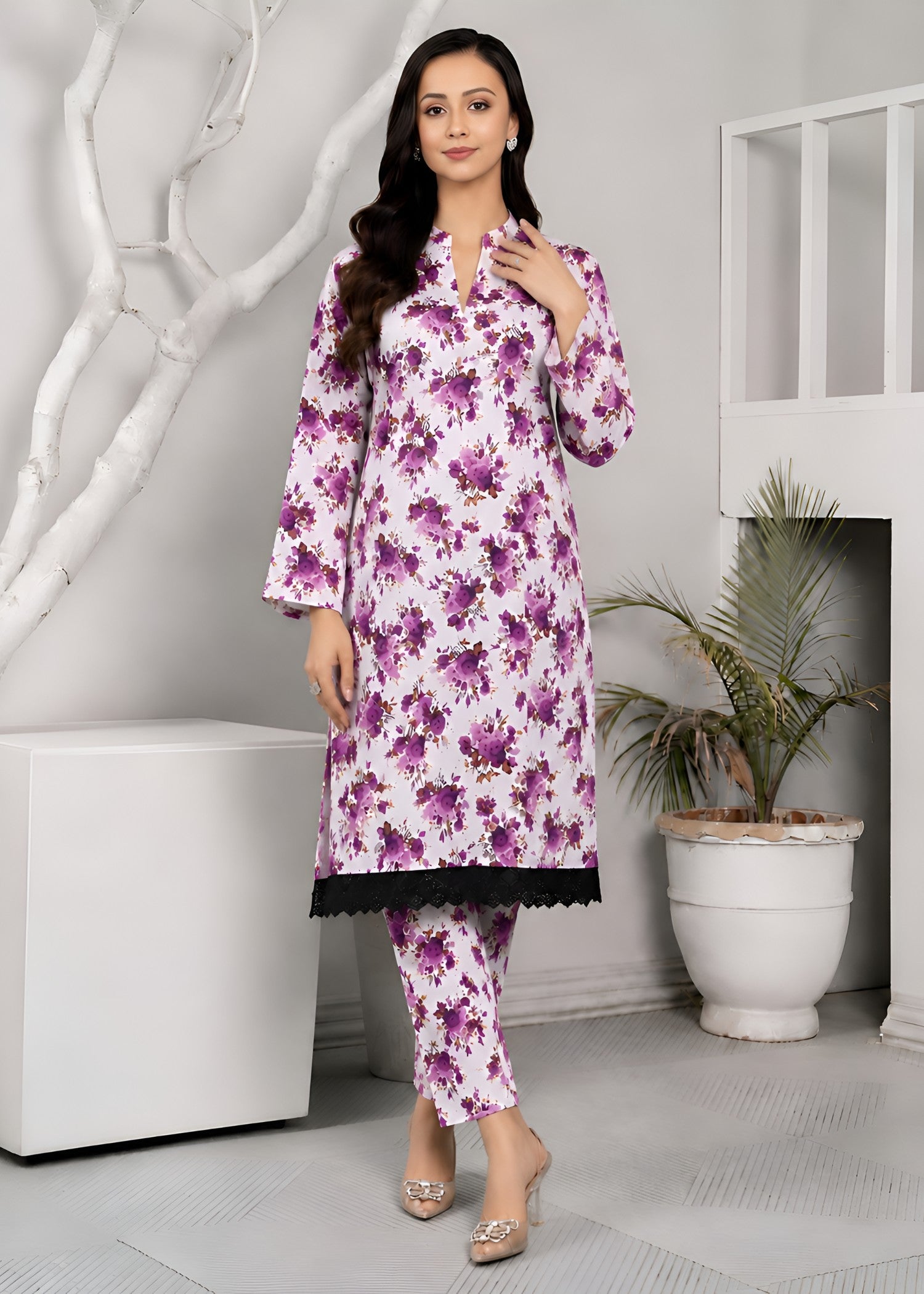 linen Co Ord Sets in White, purple heart