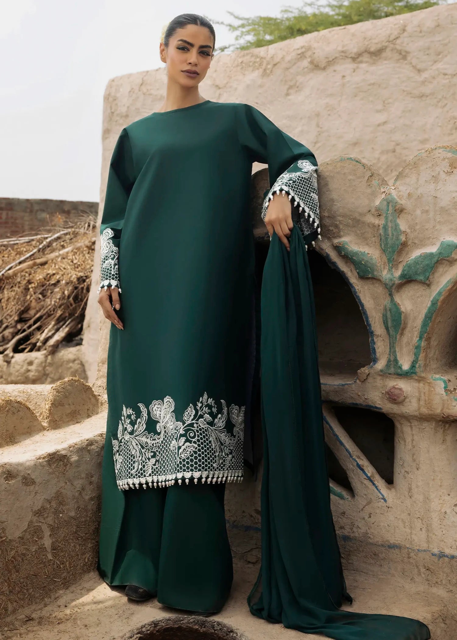 lawn cotton Kurta Set in Hunter green