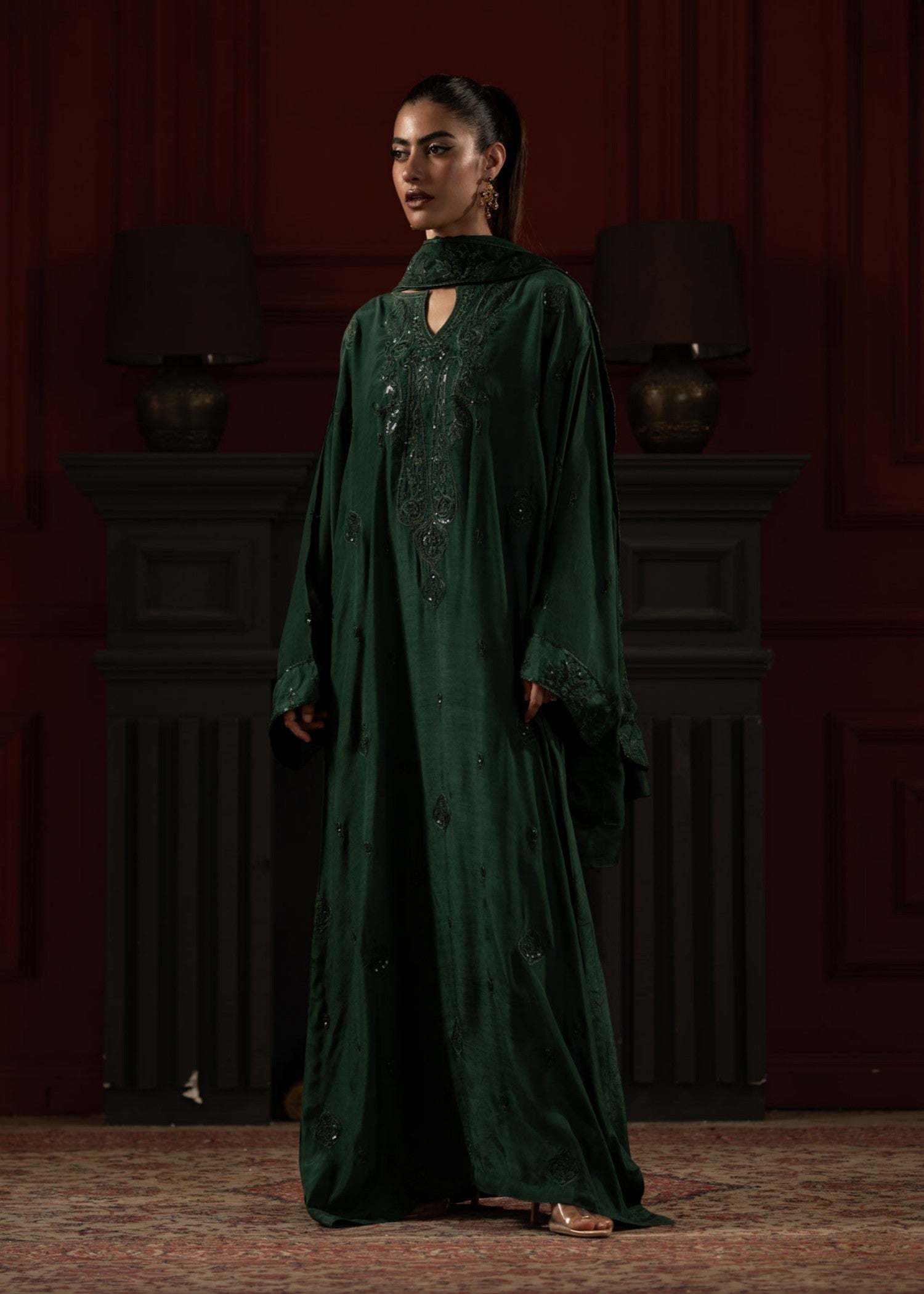 raw silk Kaftan in Bottle green