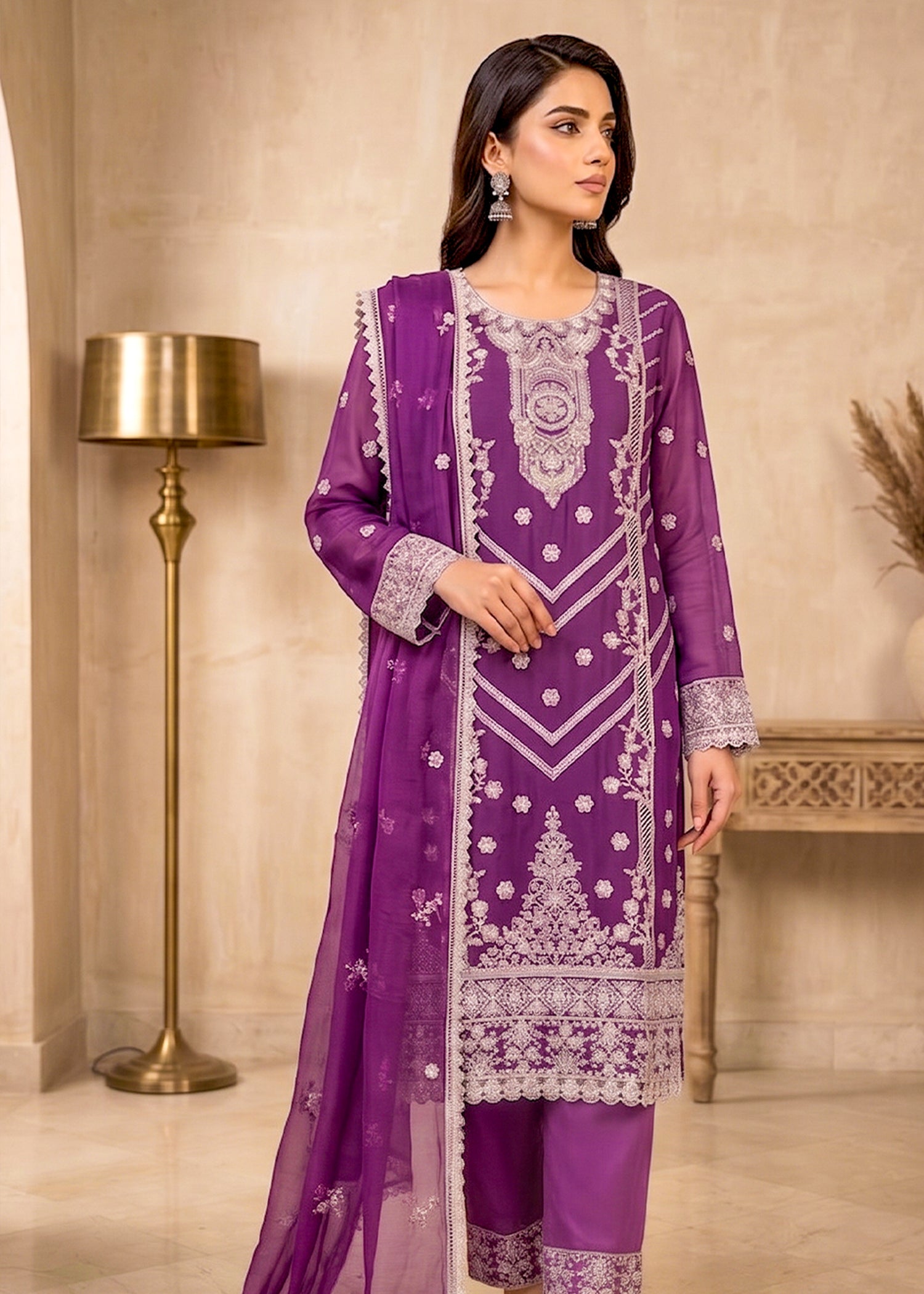 chiffon Kurta Set in Violet