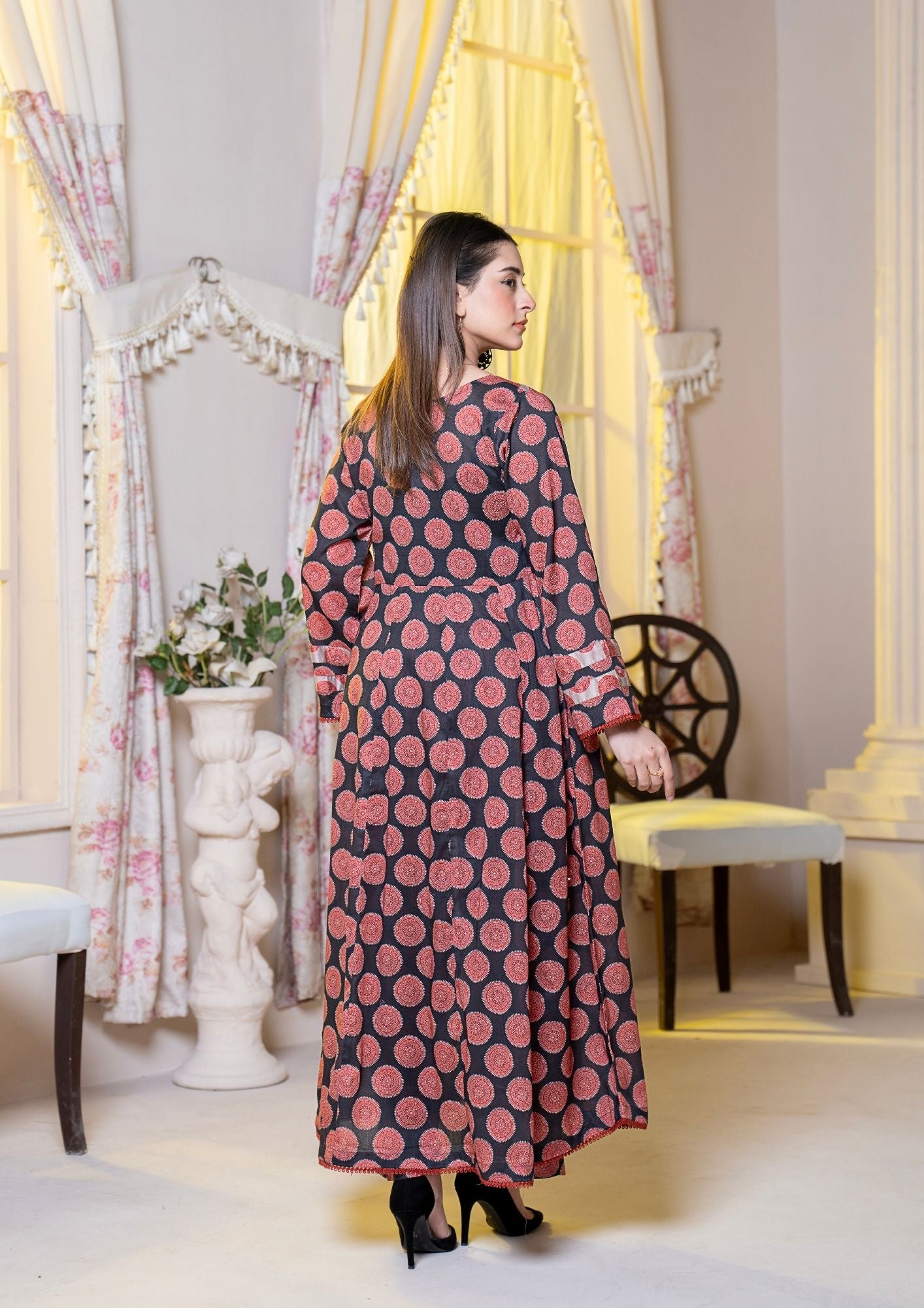 lawn Pishwas in Maroon, black, beige