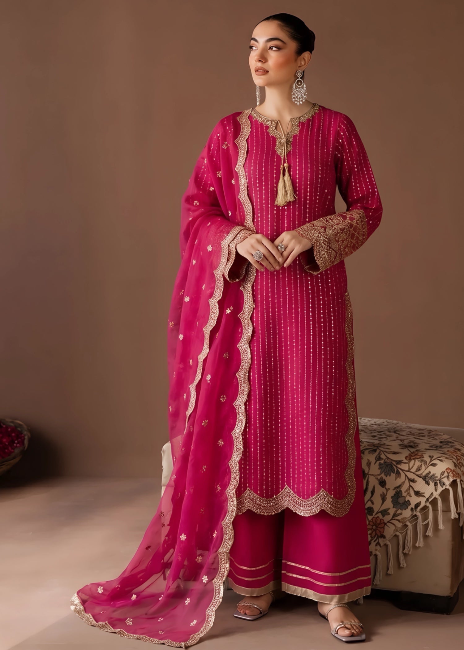 chiffon Kurta Set in Hot pink