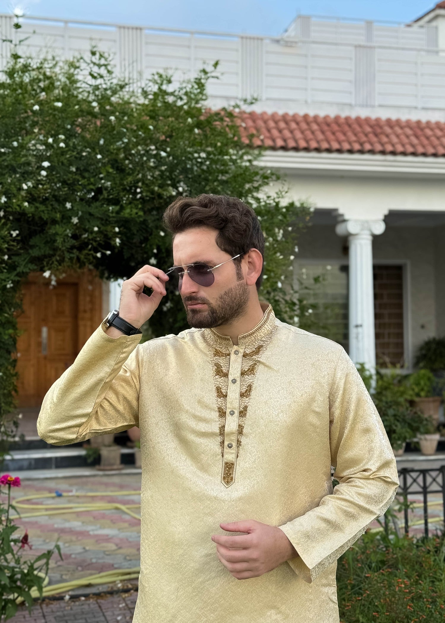 traditional jamawar Kurta in Gold