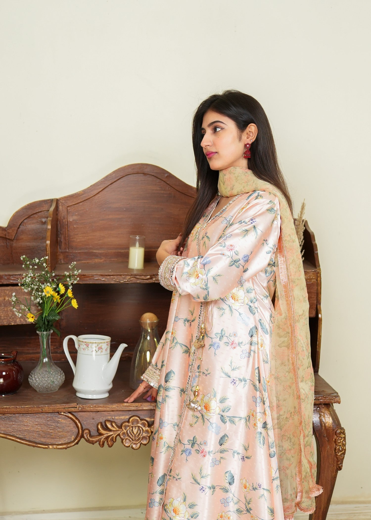 silk Angrakha in Peach pink, steel blue, steel teal