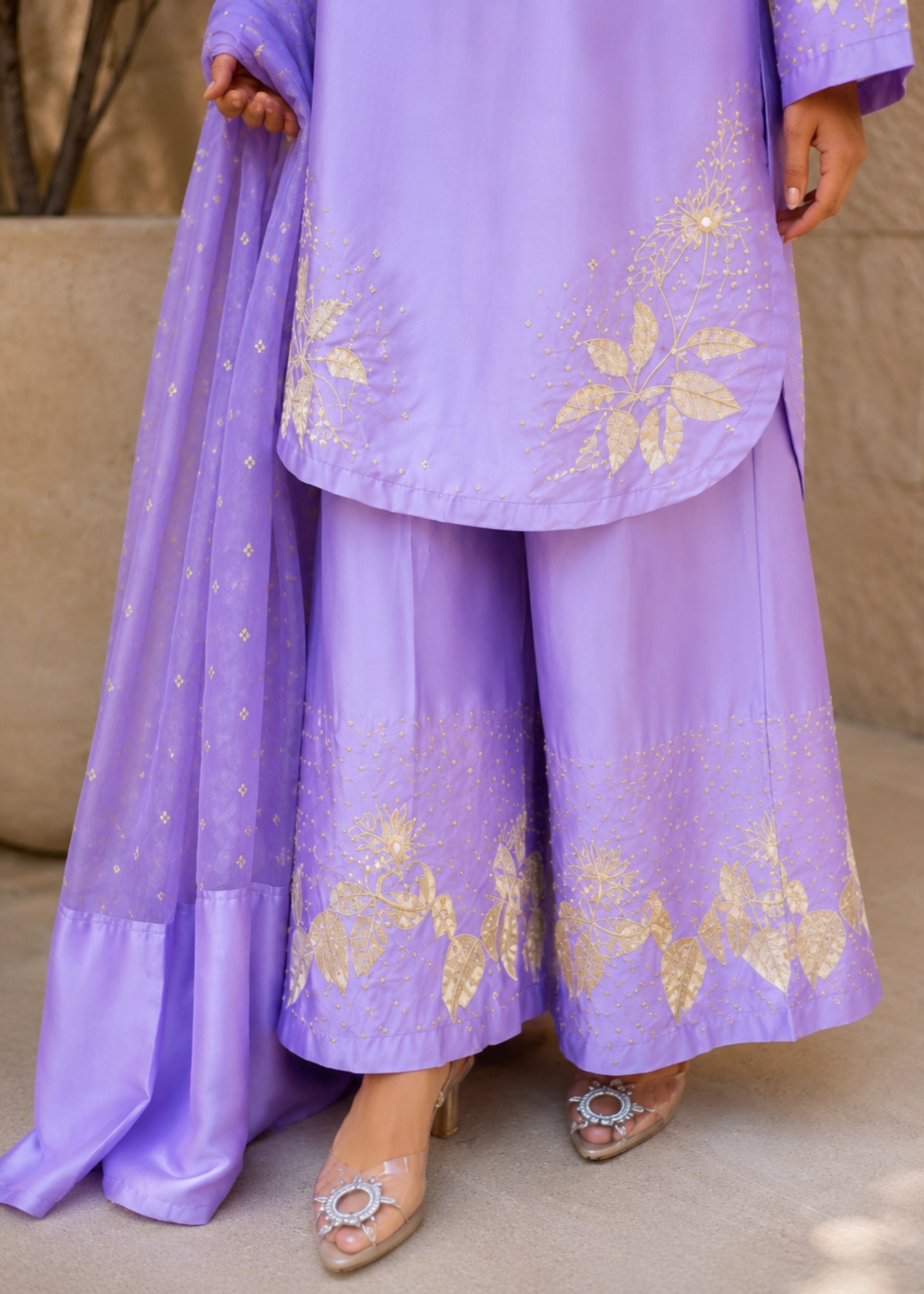 polyester charmeuse Kurta Set in Lilac