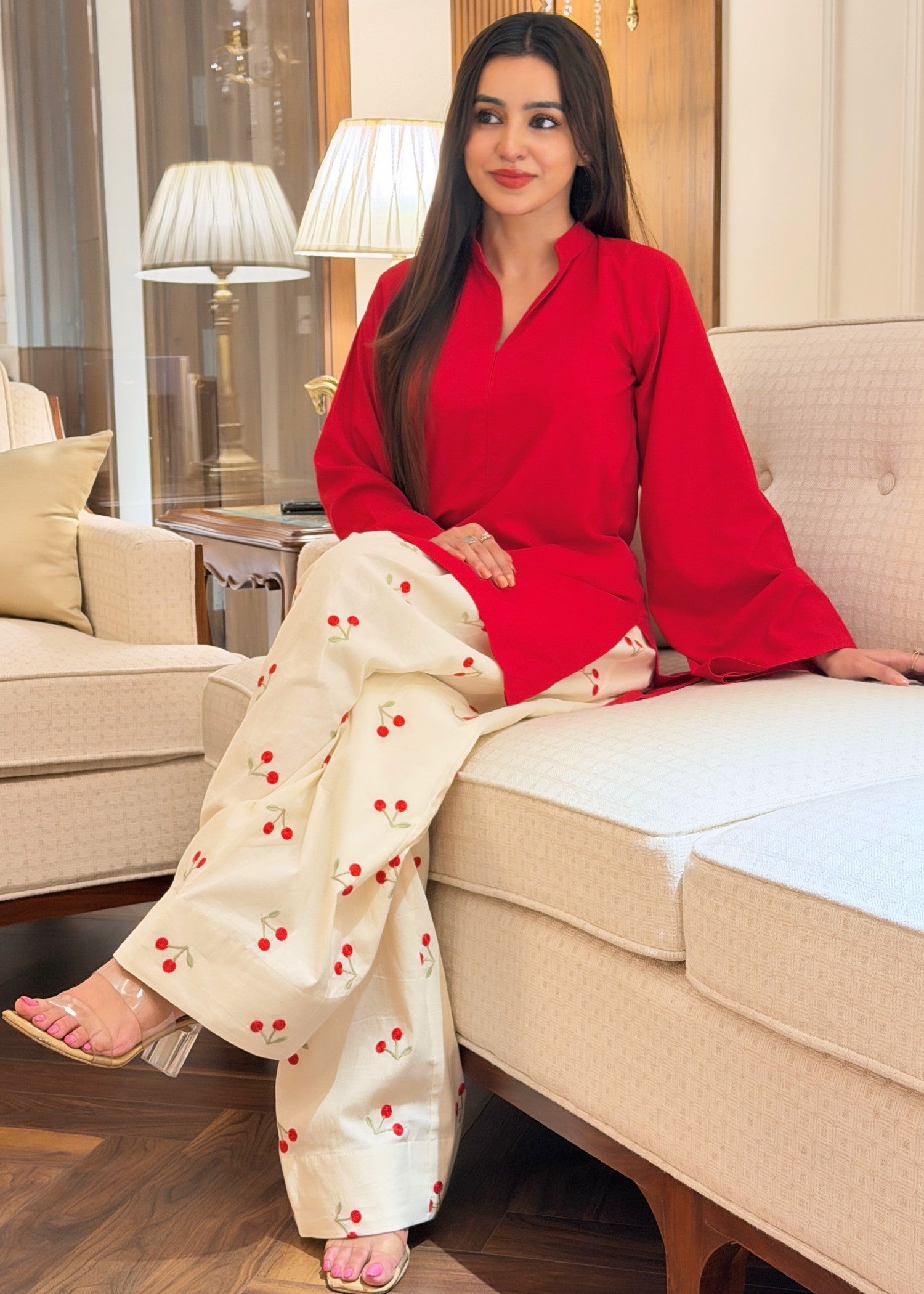 arabic lawn Kurta Set in Red, cream