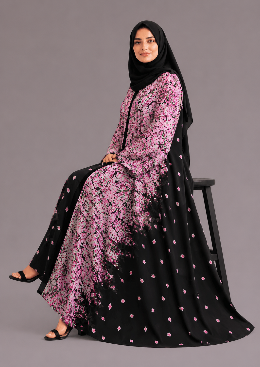 crepe georgette Abaya in Light pink, black