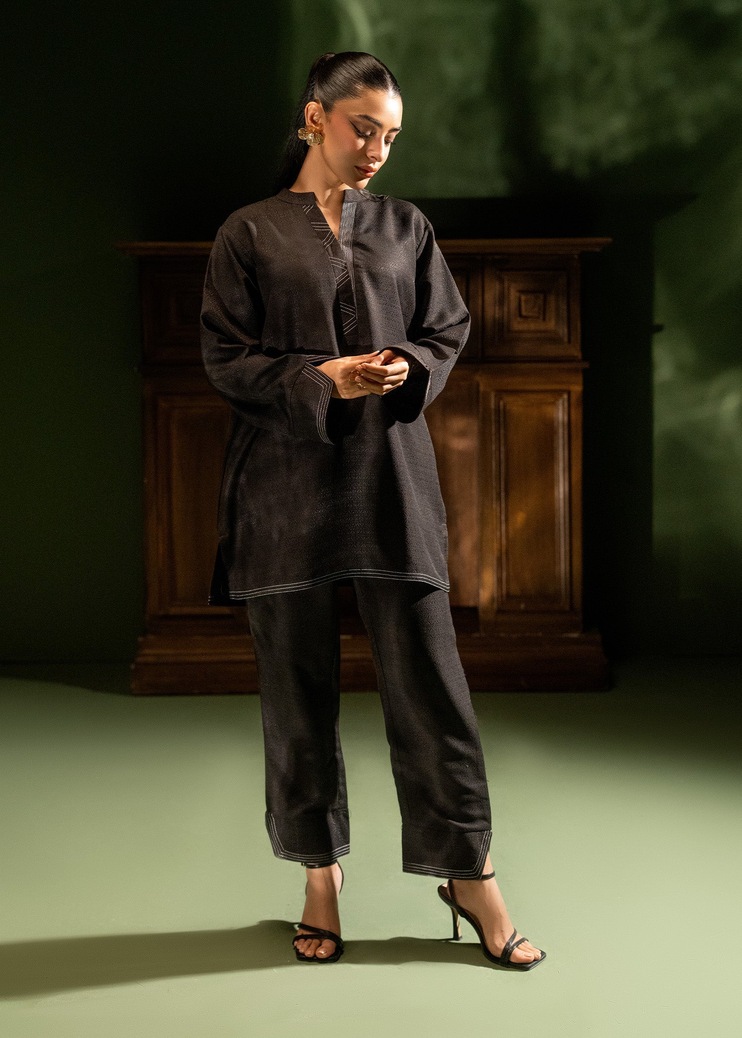 blended satin jacquard Co Ord Sets in Black