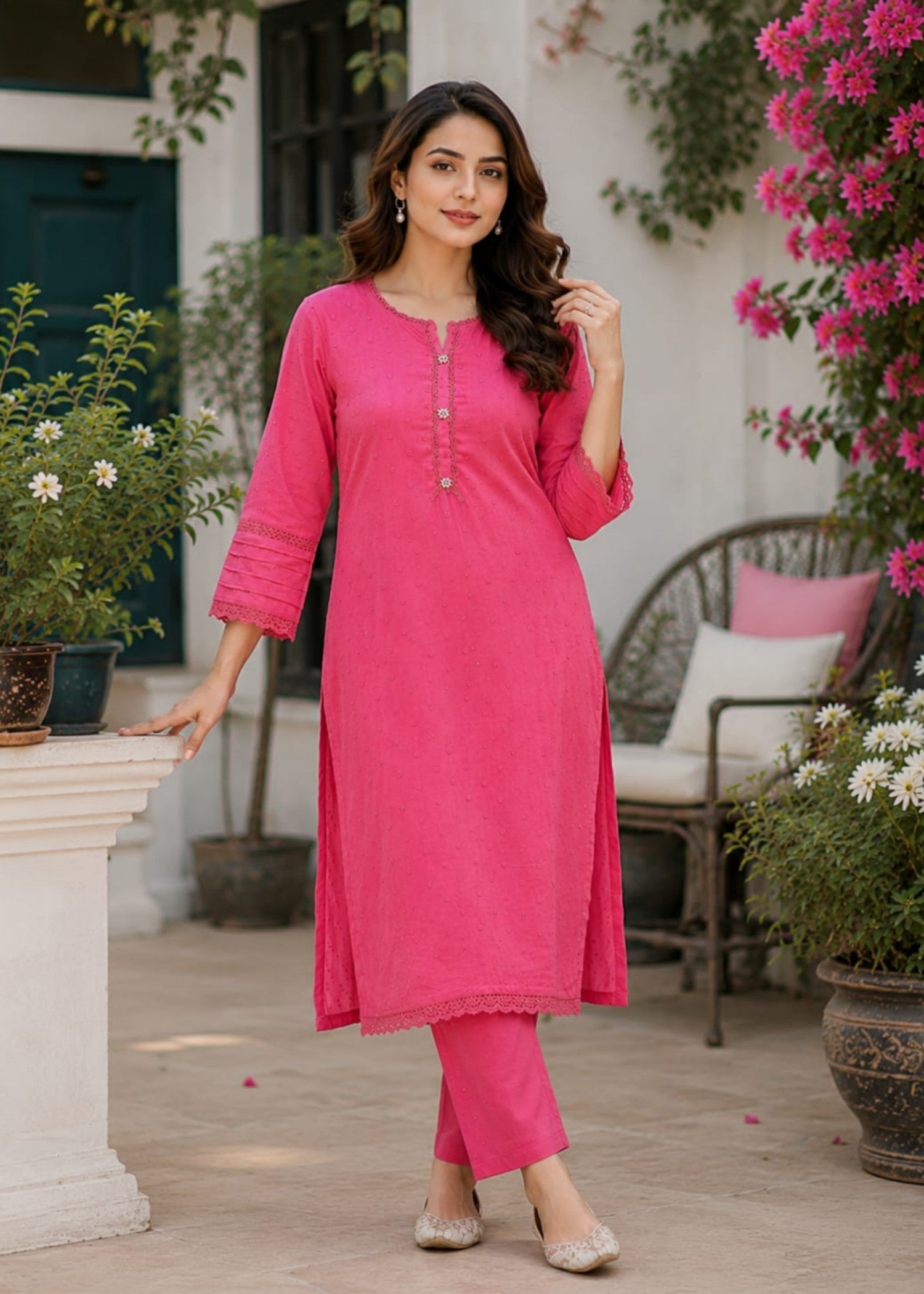 cotton Kurta Set in Taffy pink