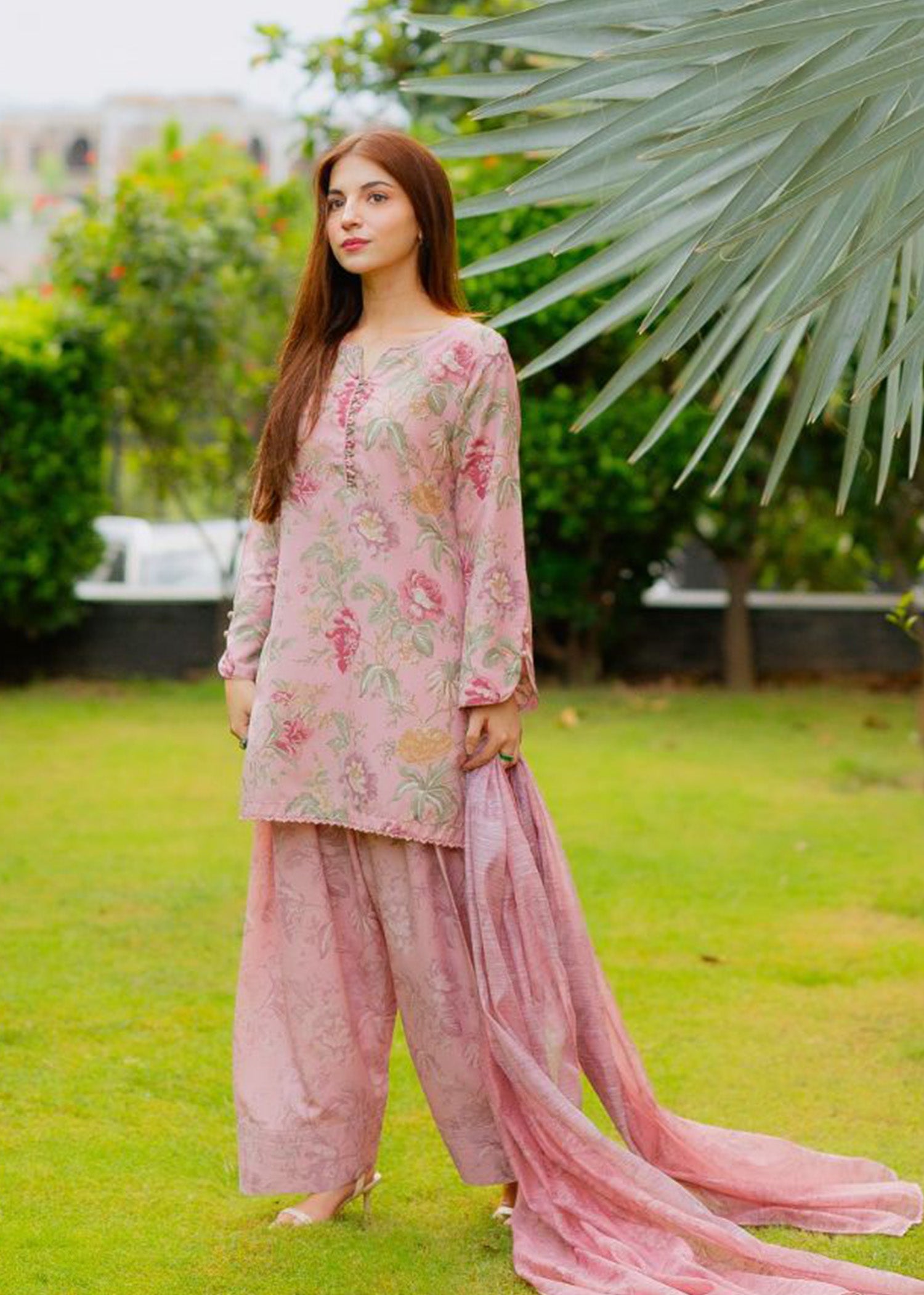 raw silk Kurta Set in Tea rose pink