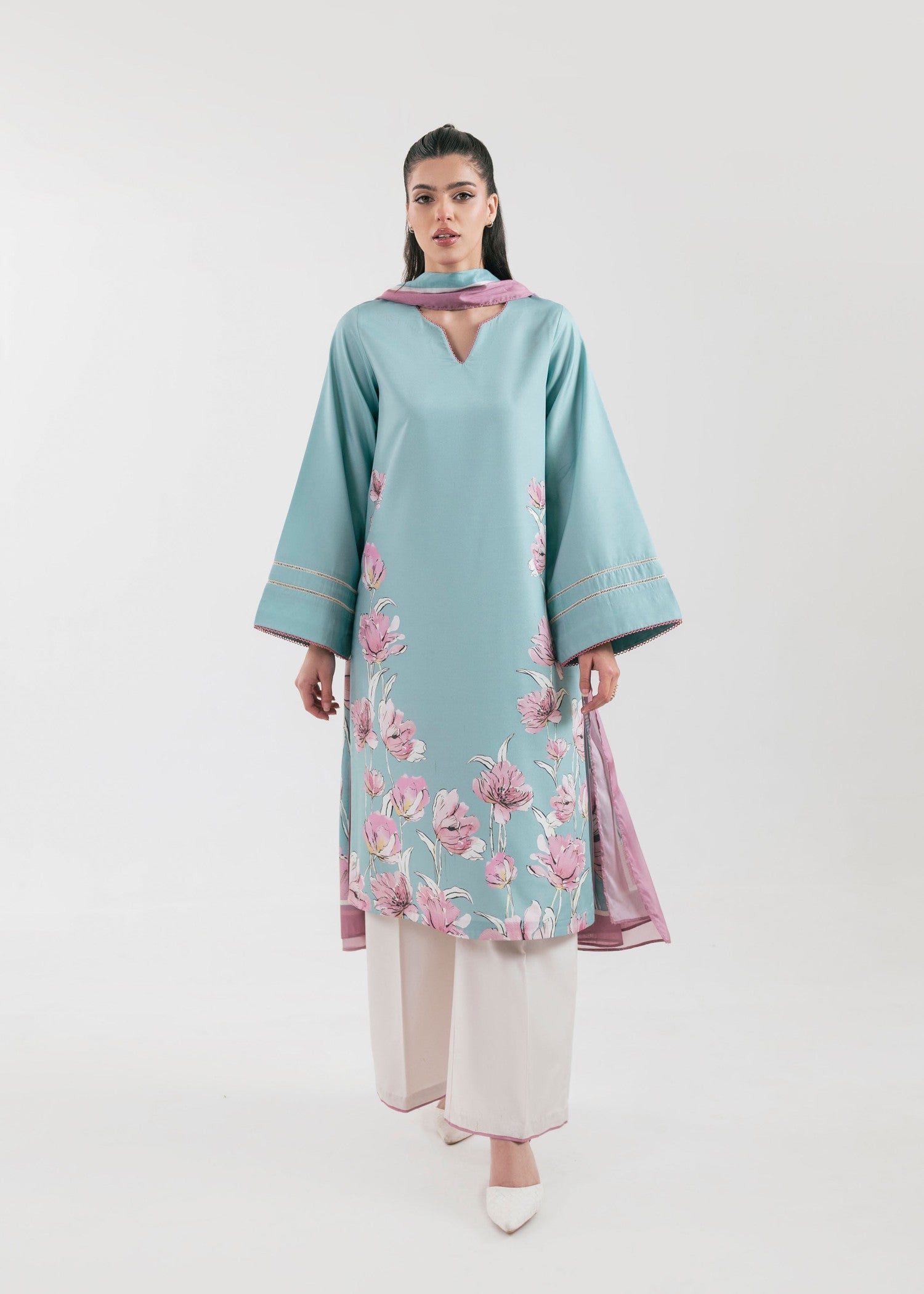 poly lawn Kurta Set in Light blue