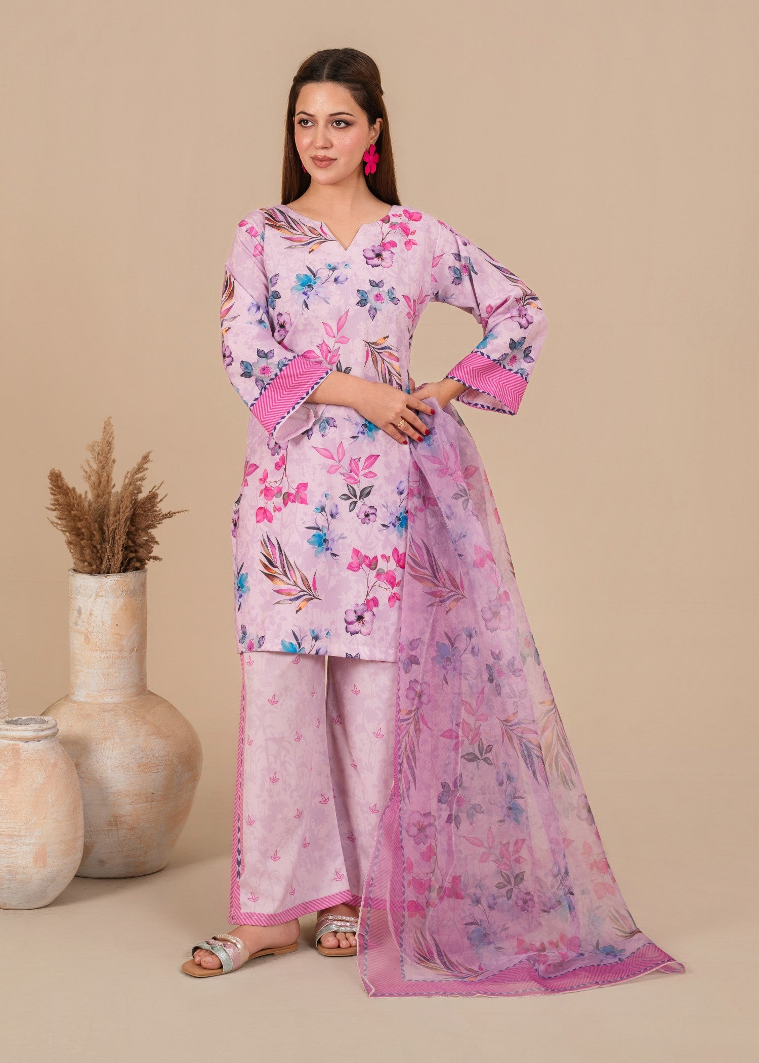 silk crepe Kurta Set in Purple ash