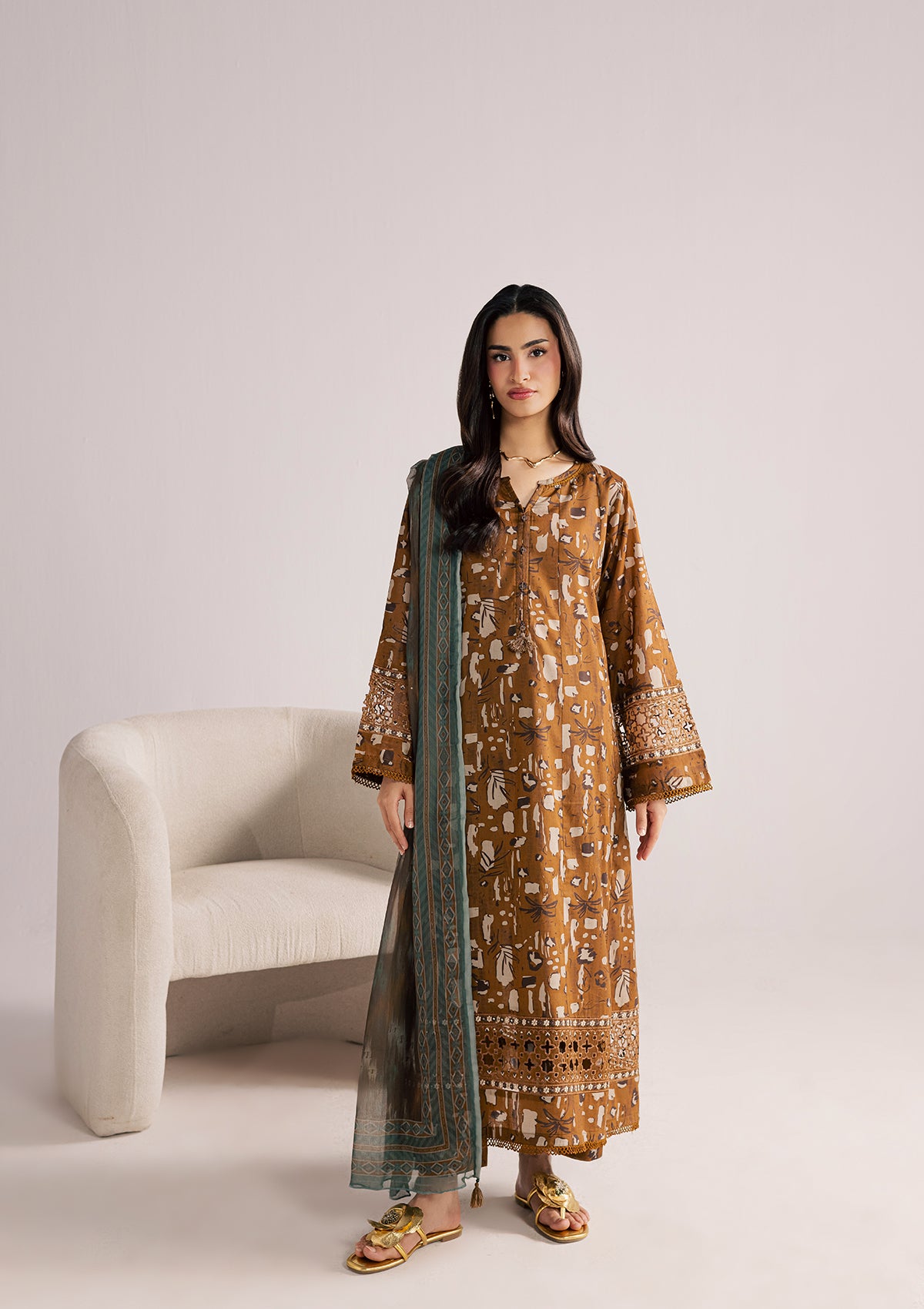 lawn Kurta Set in Caramel brown