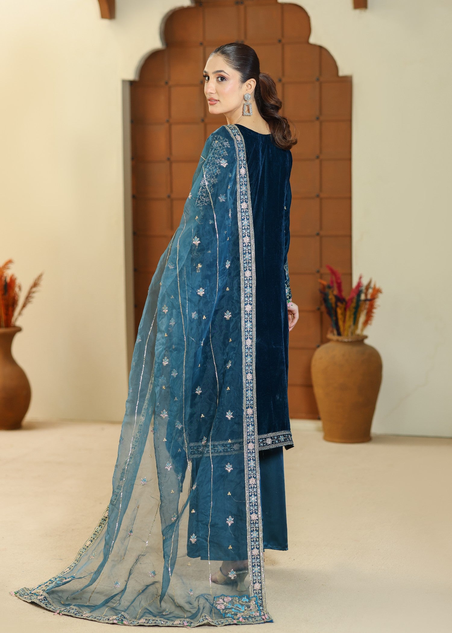 velvet Kurta Set in Sapphire blue