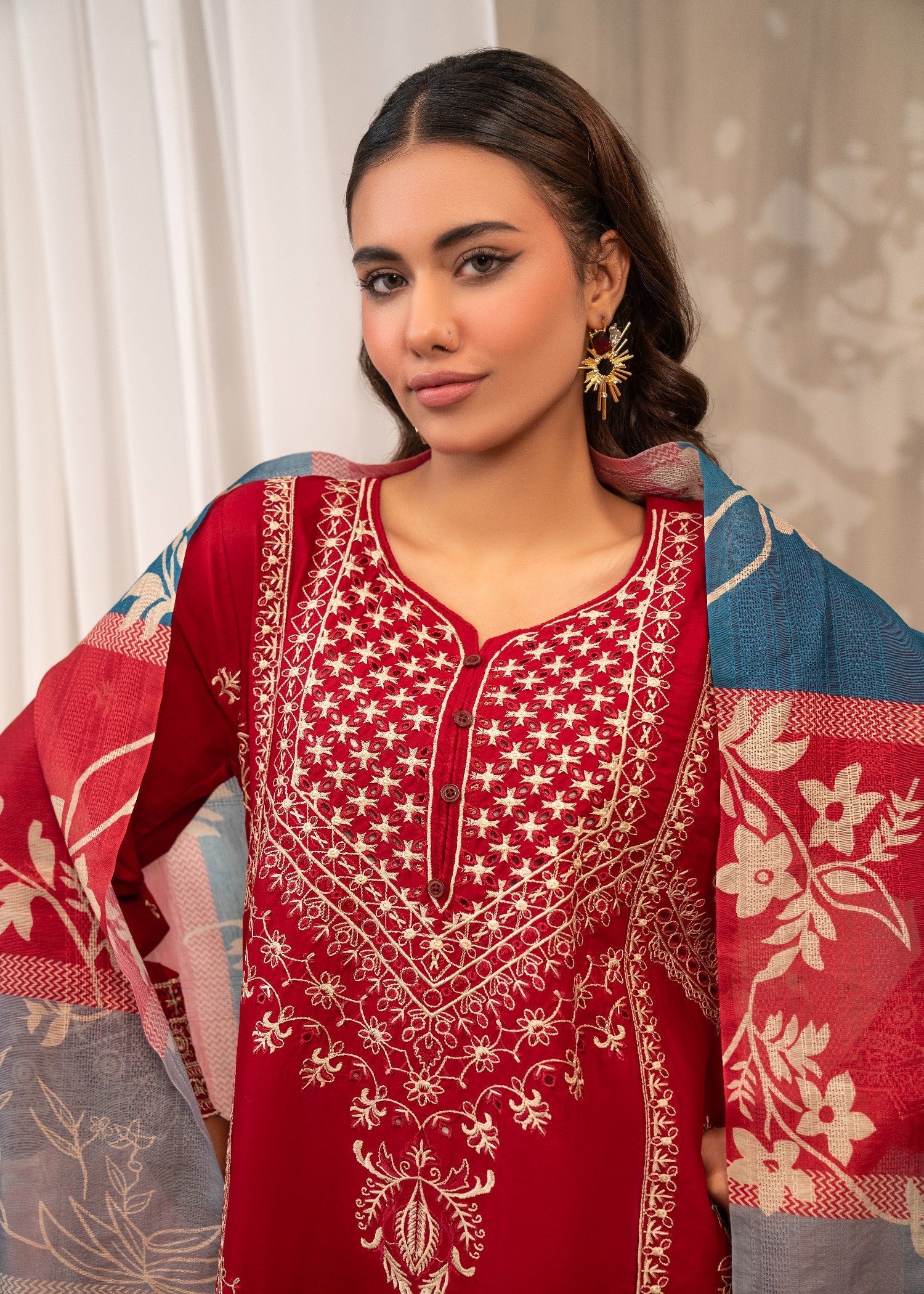 lawn cotton Kurta Set in Crimson