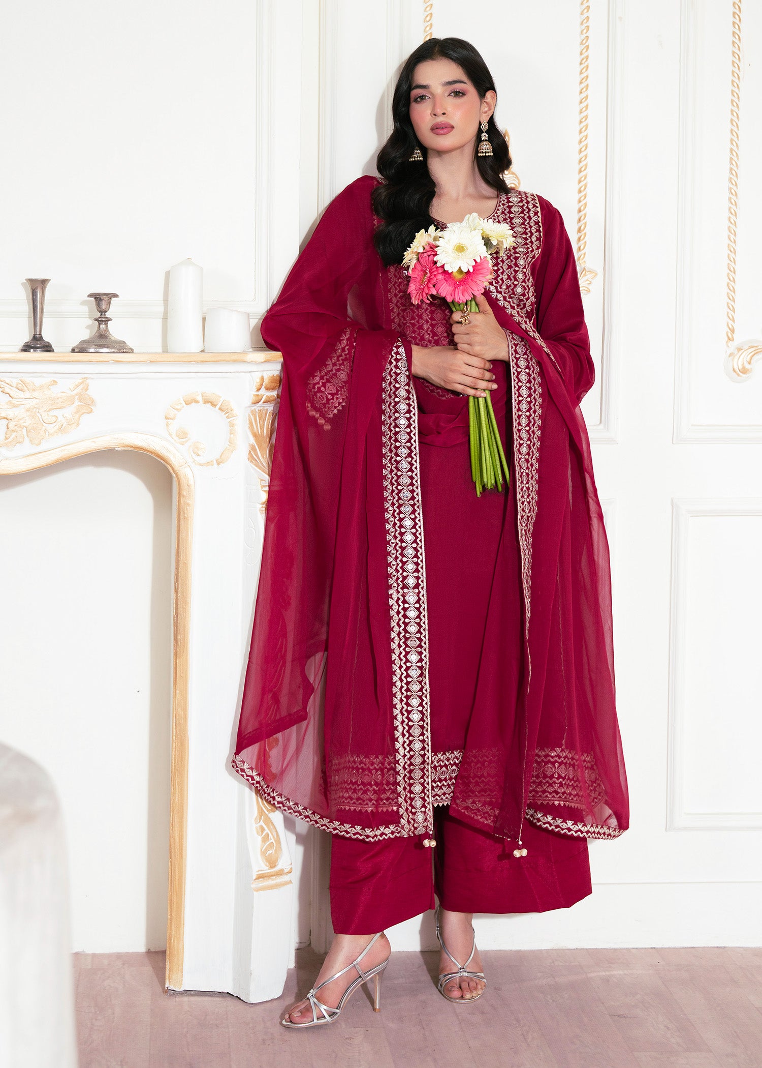silk Kurta Set in Ruby red