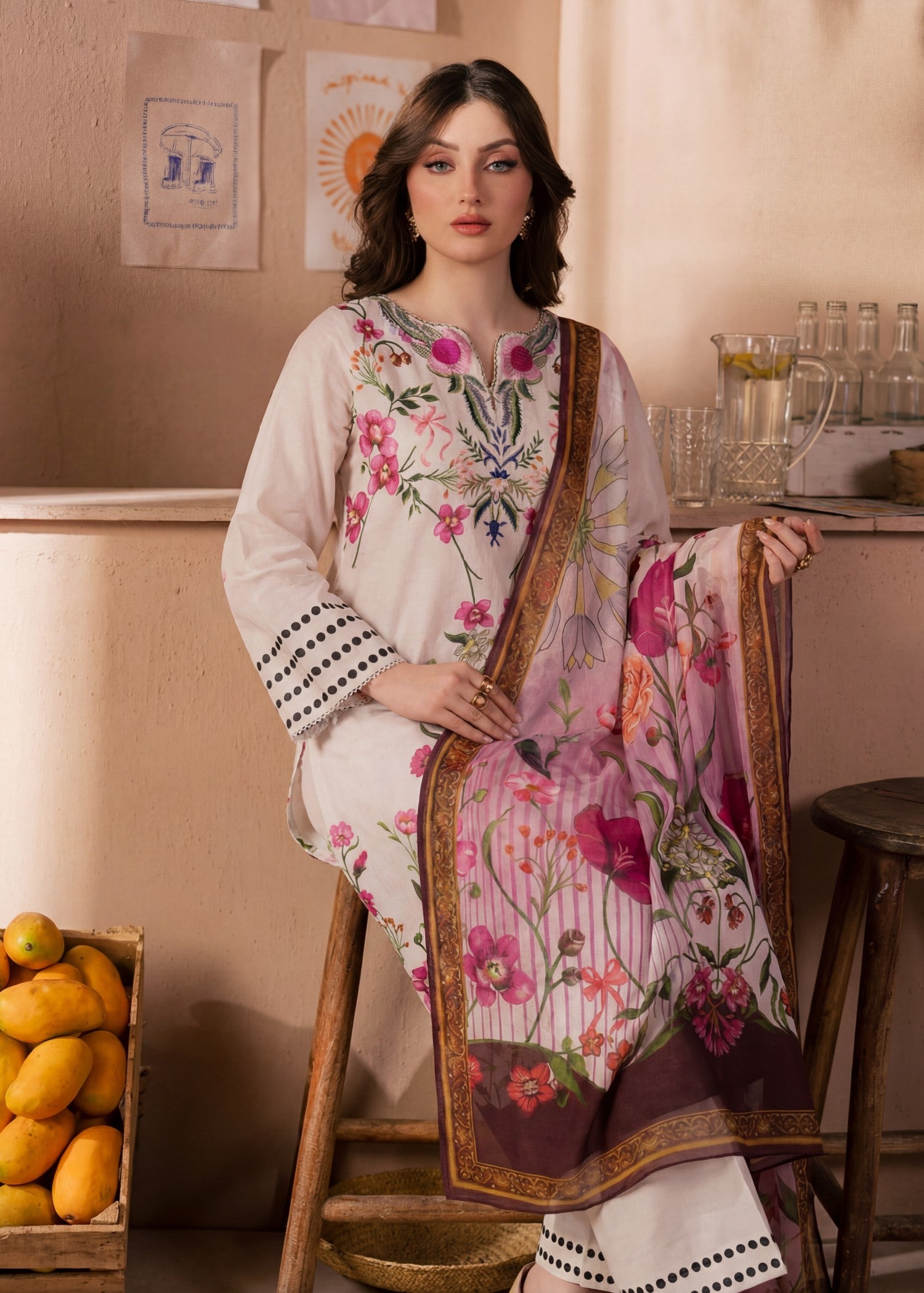 textured lawn Kurta Set in Multi