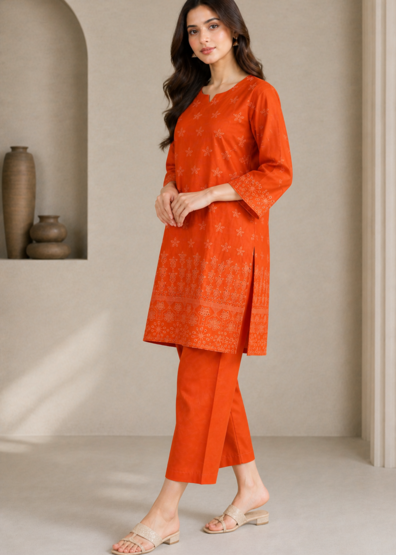 chikankari cotton Kurta Set in Orange