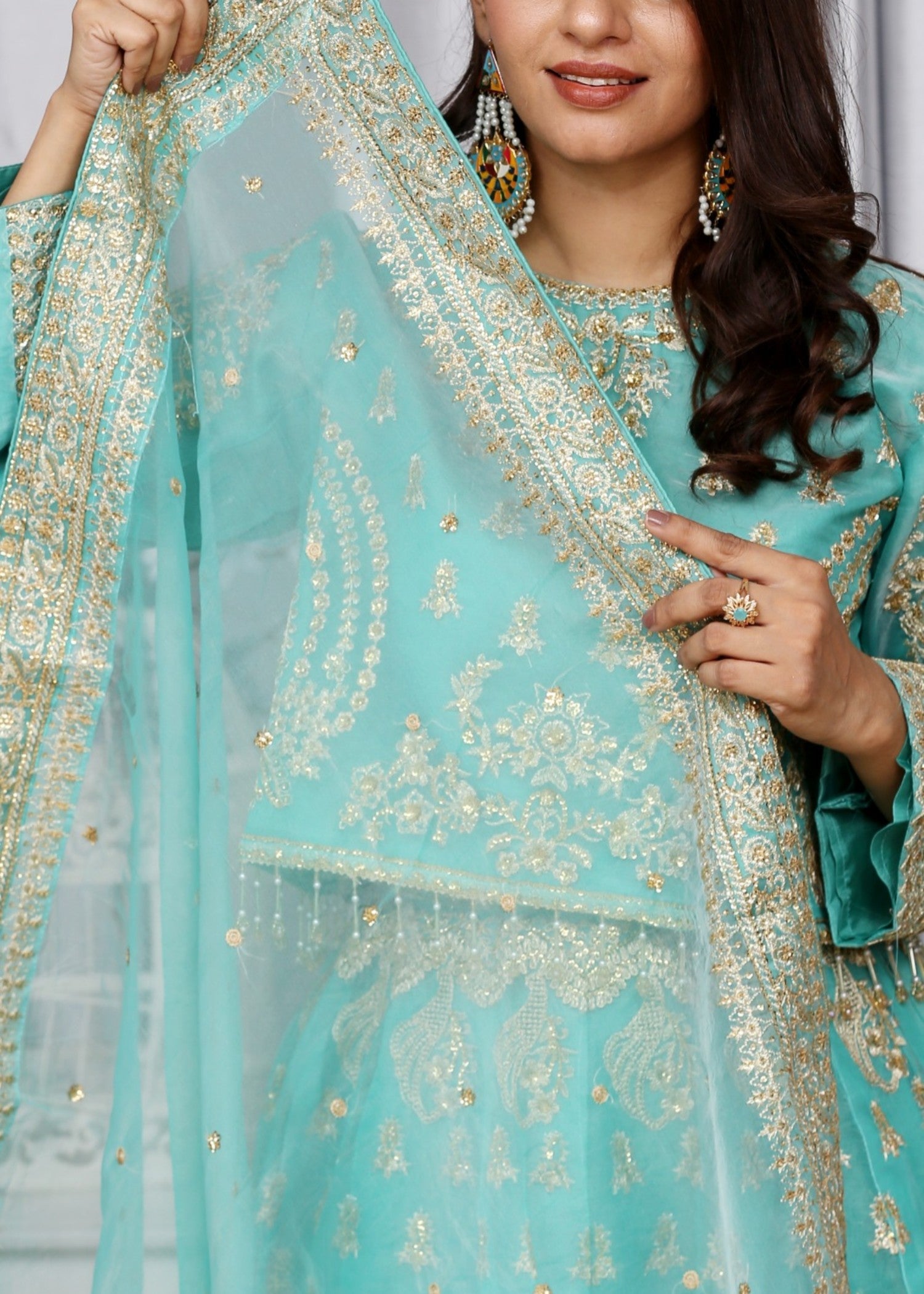 organza Lehenga in Aquamarine