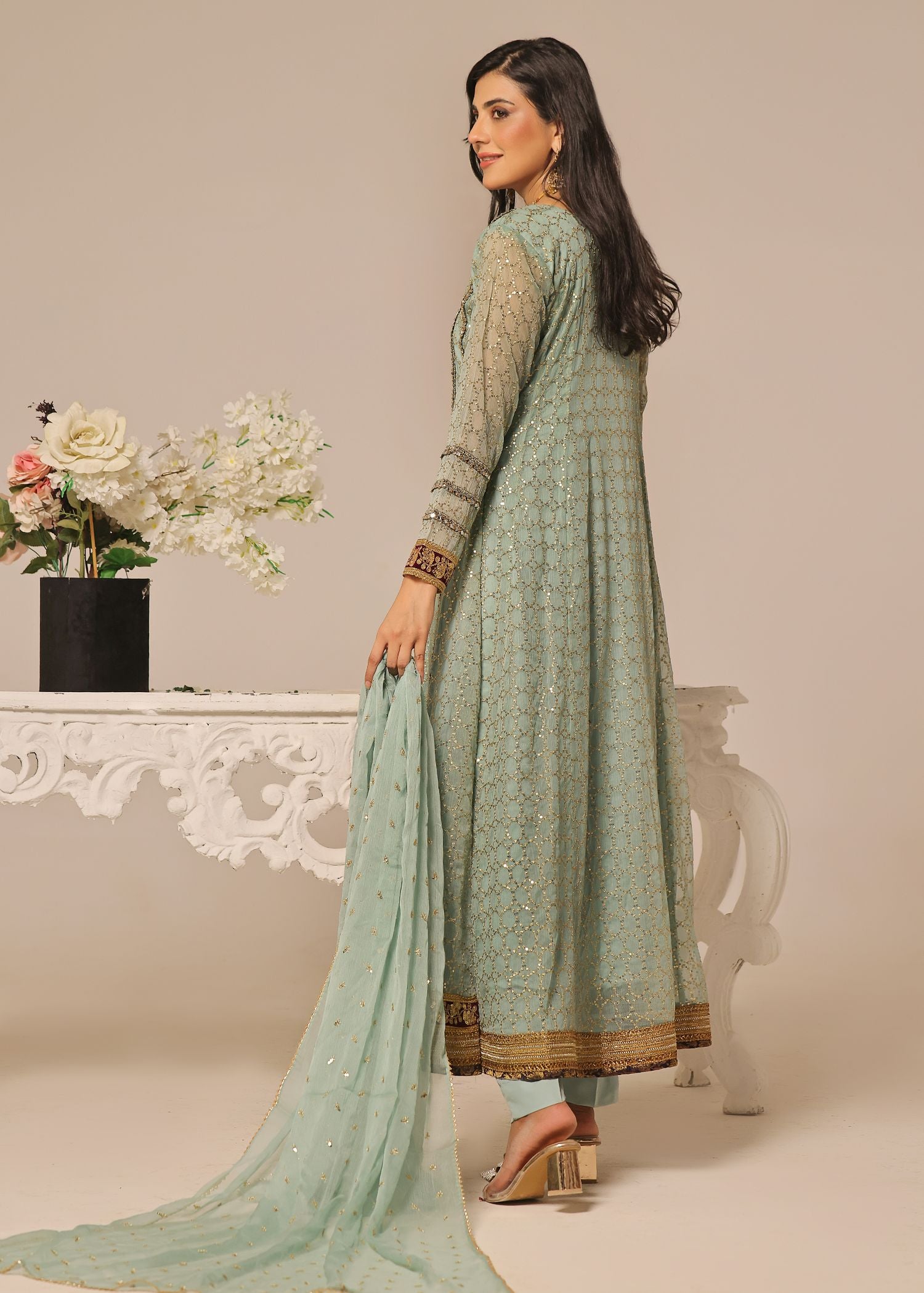 chiffon Anarkali in Pistachio green