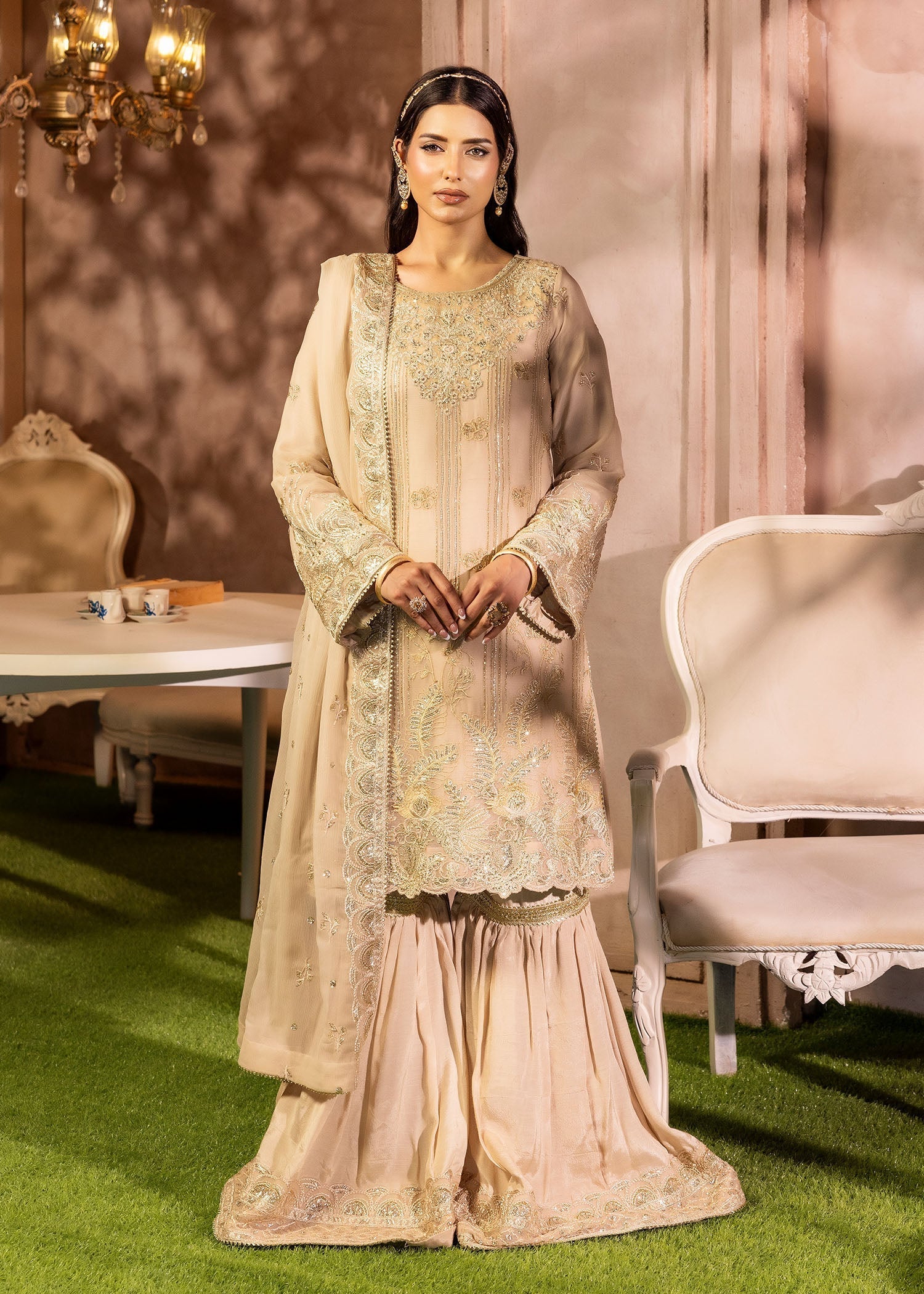 chiffon Gharara in Beige