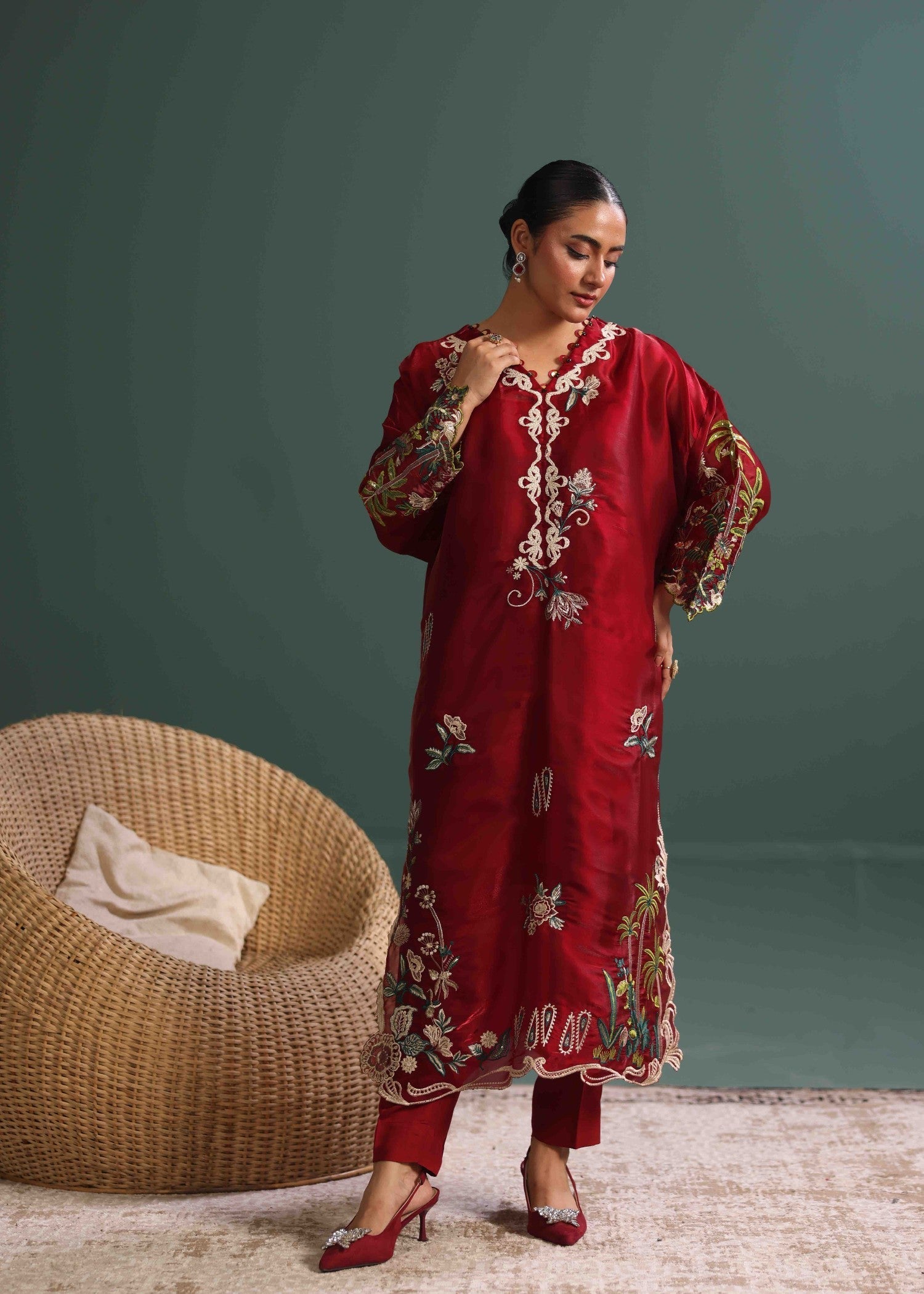 tussar silk Kaftan in Maroon