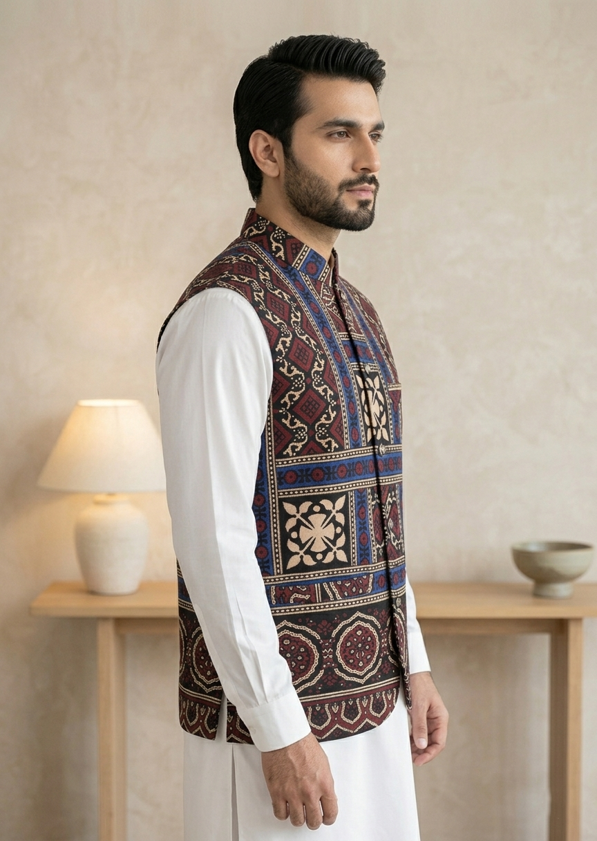 worsted wool Waistcoat in Blue, red, white