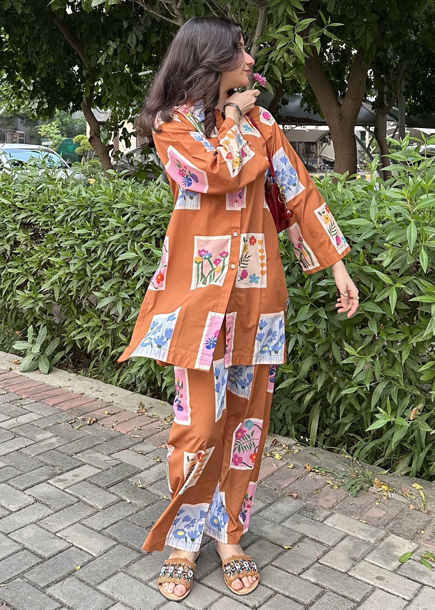 crepe Co ord Sets in Bronze orange