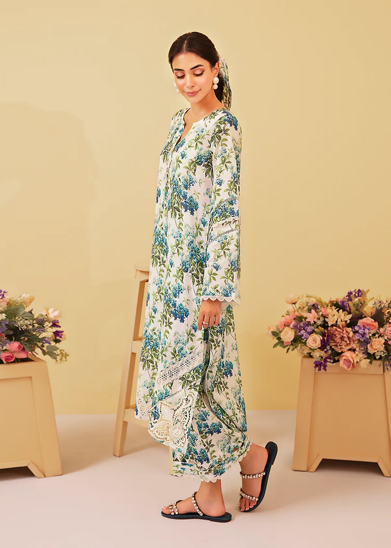lawn Co Ord Sets in Teal, ivory