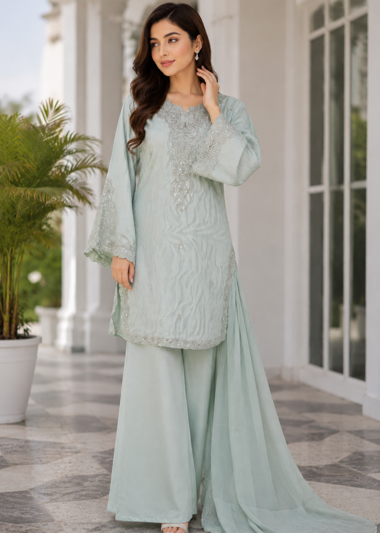jacquard chiffon Kurta Set in Moss green