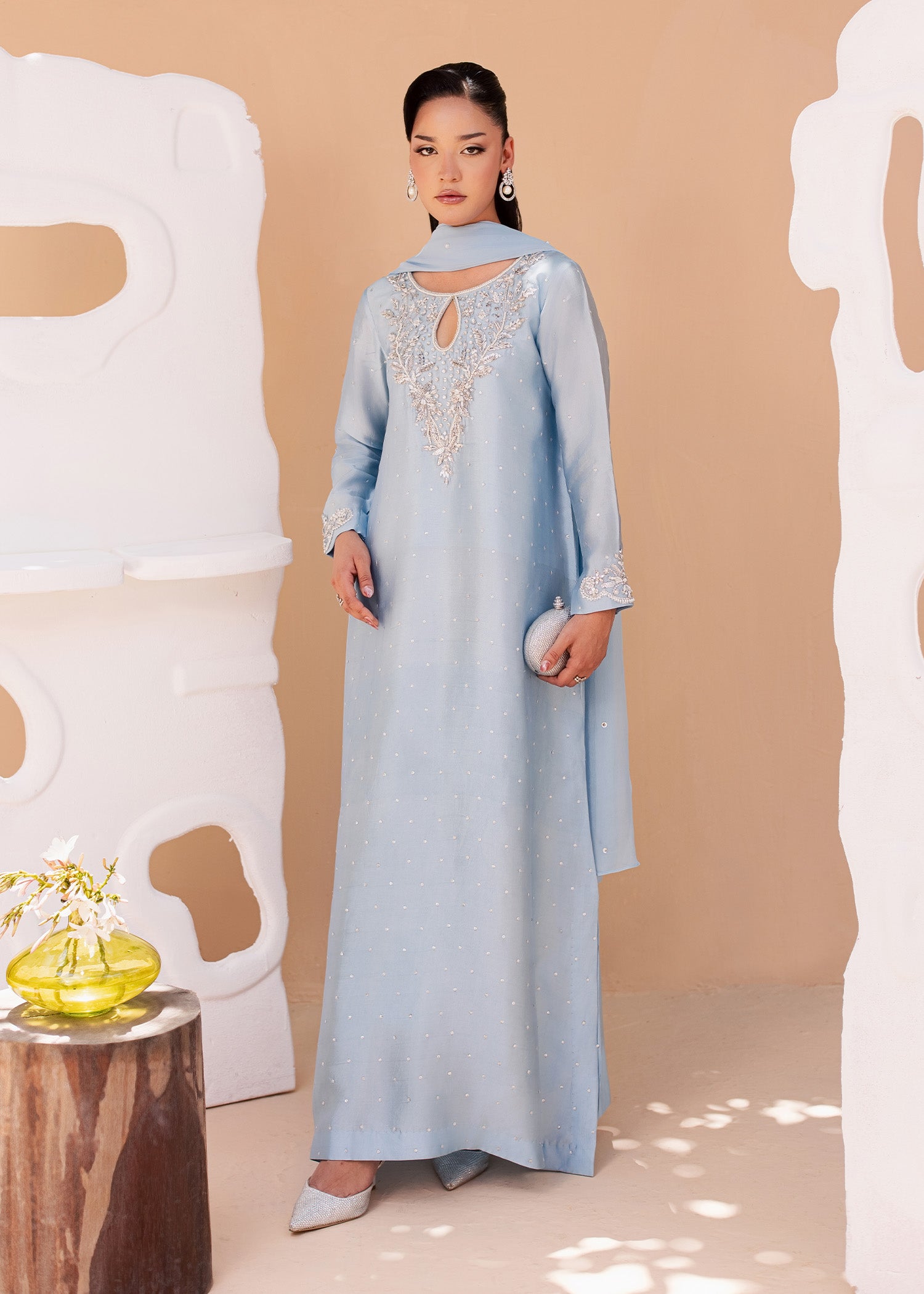 tussar silk Kaftan in Cloud blue