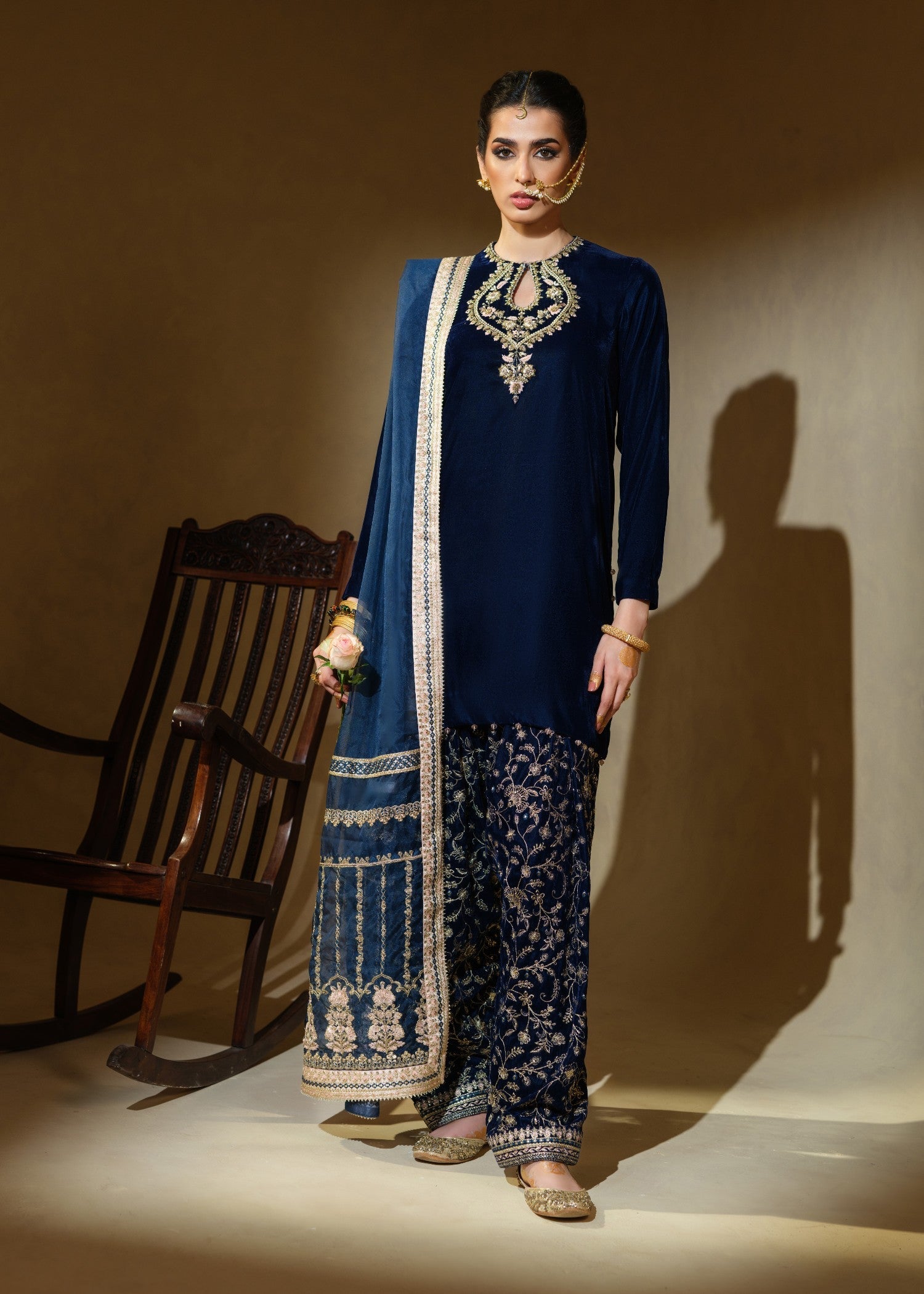 velvet Kurta Set in Navy blue