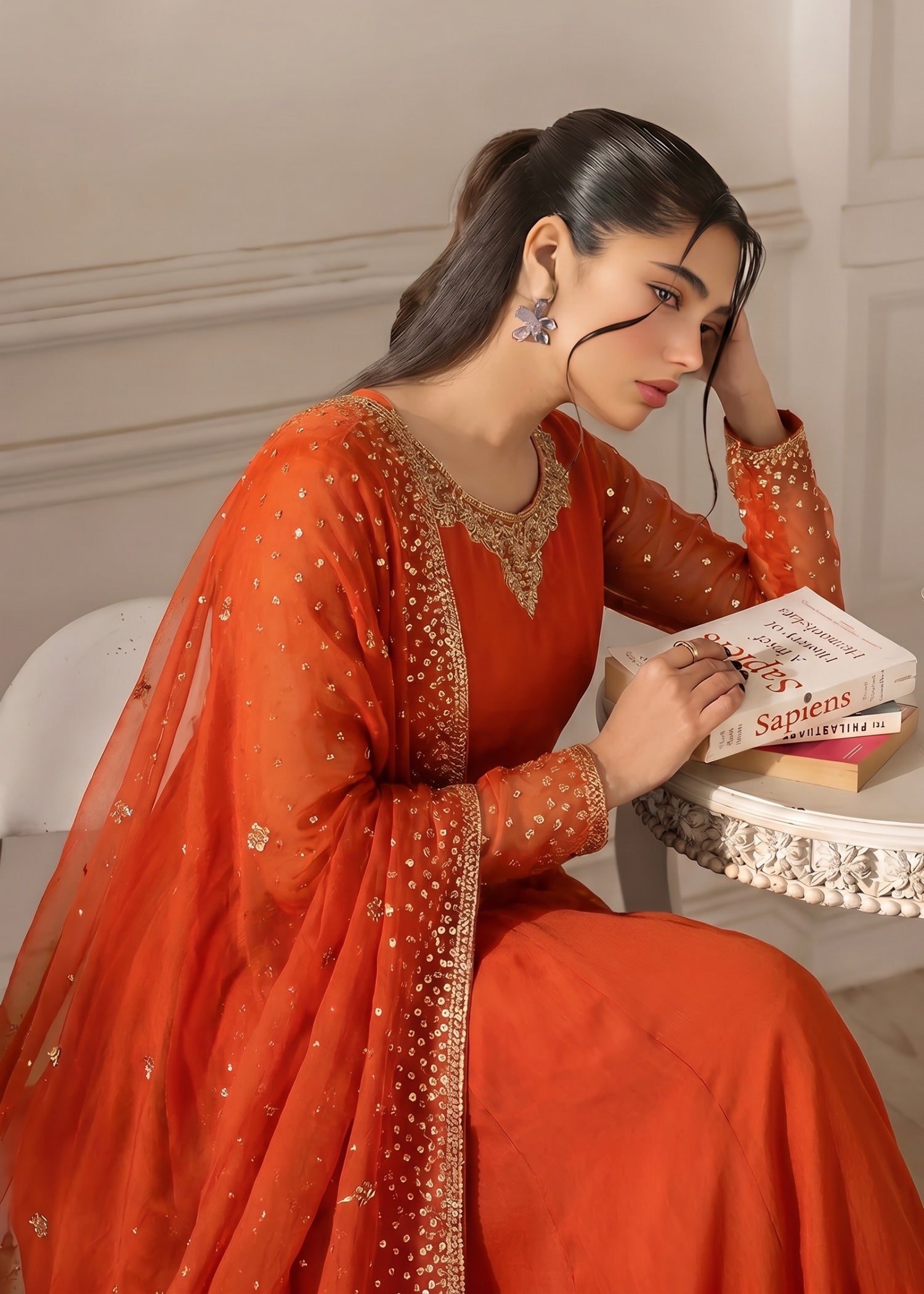 chiffon Pishwas in Rust orange