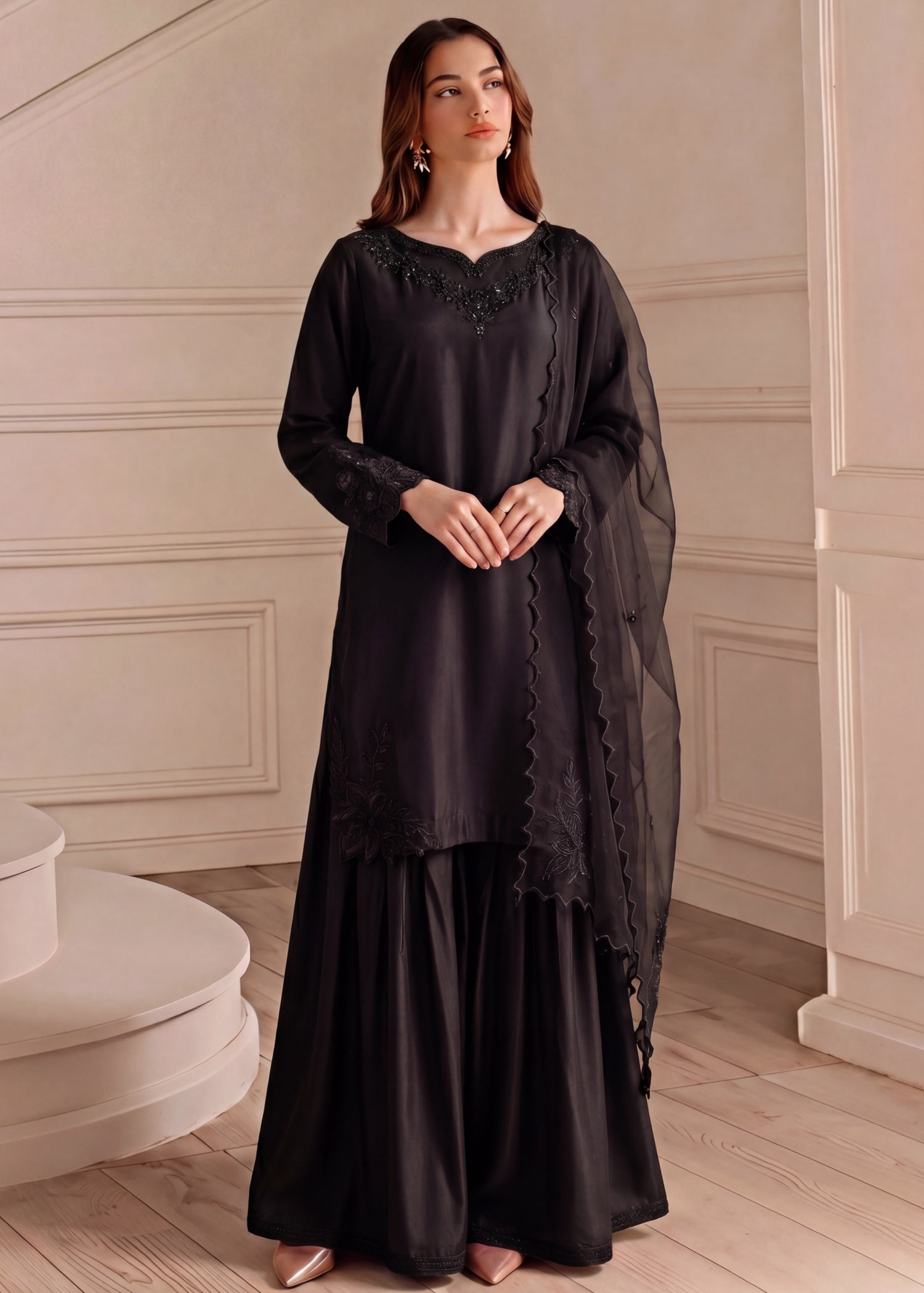 silk Sharara in Black