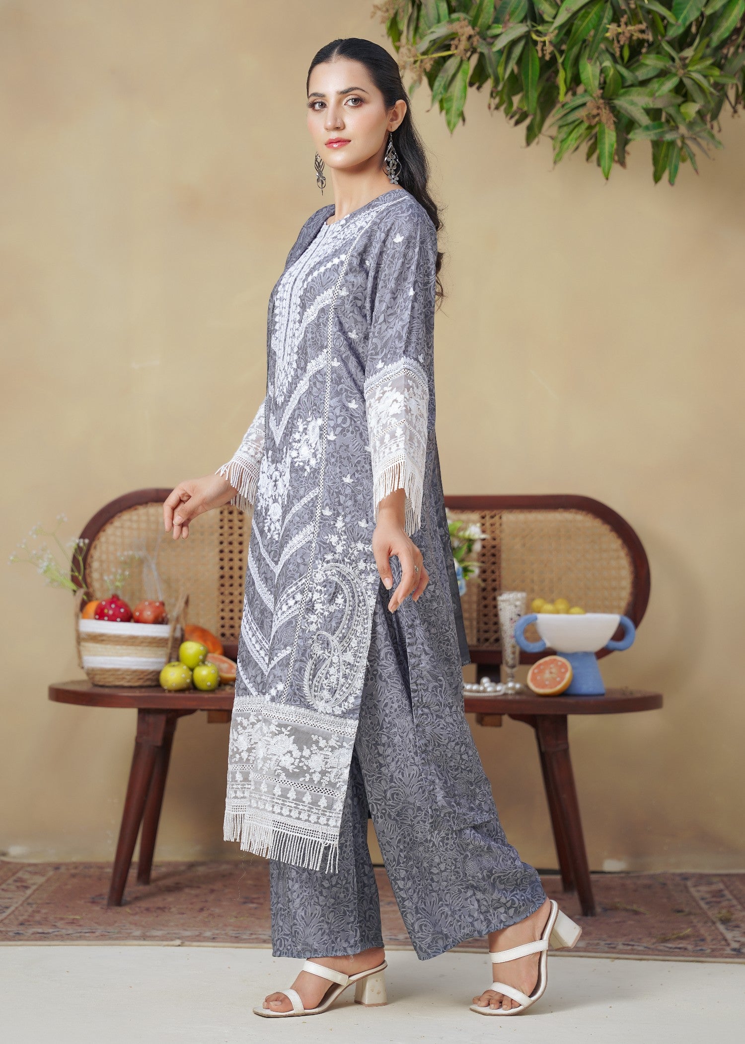 khaddi net Kurta Set in Cool grey