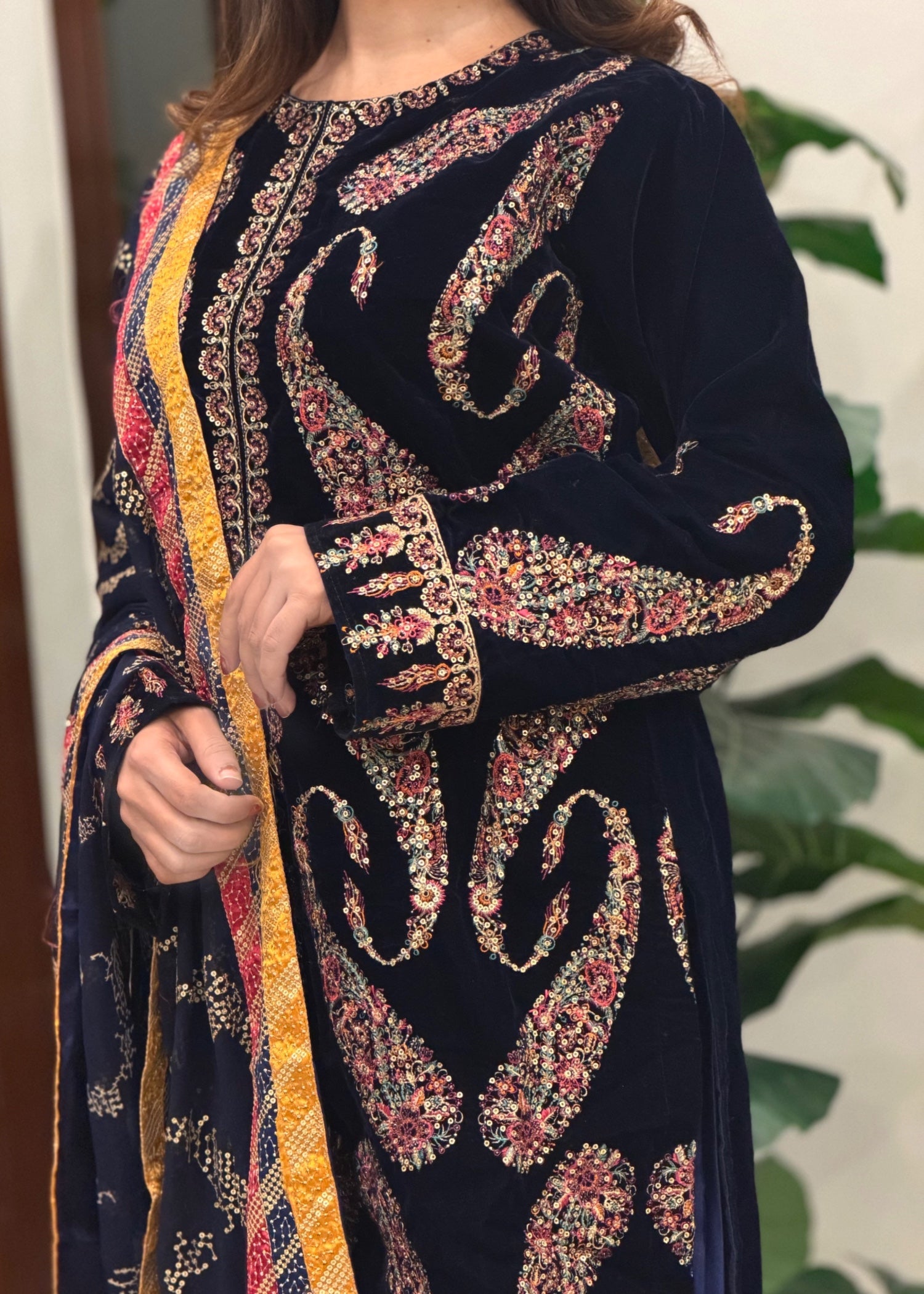 velvet Kurta Set in Dark blue