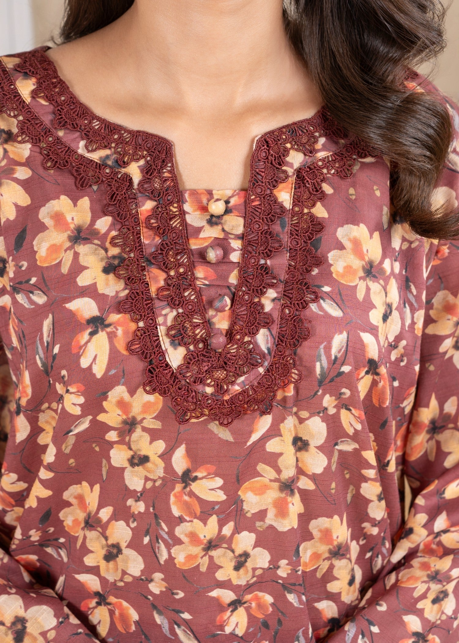 textured lawn Kurta Set in Copper red