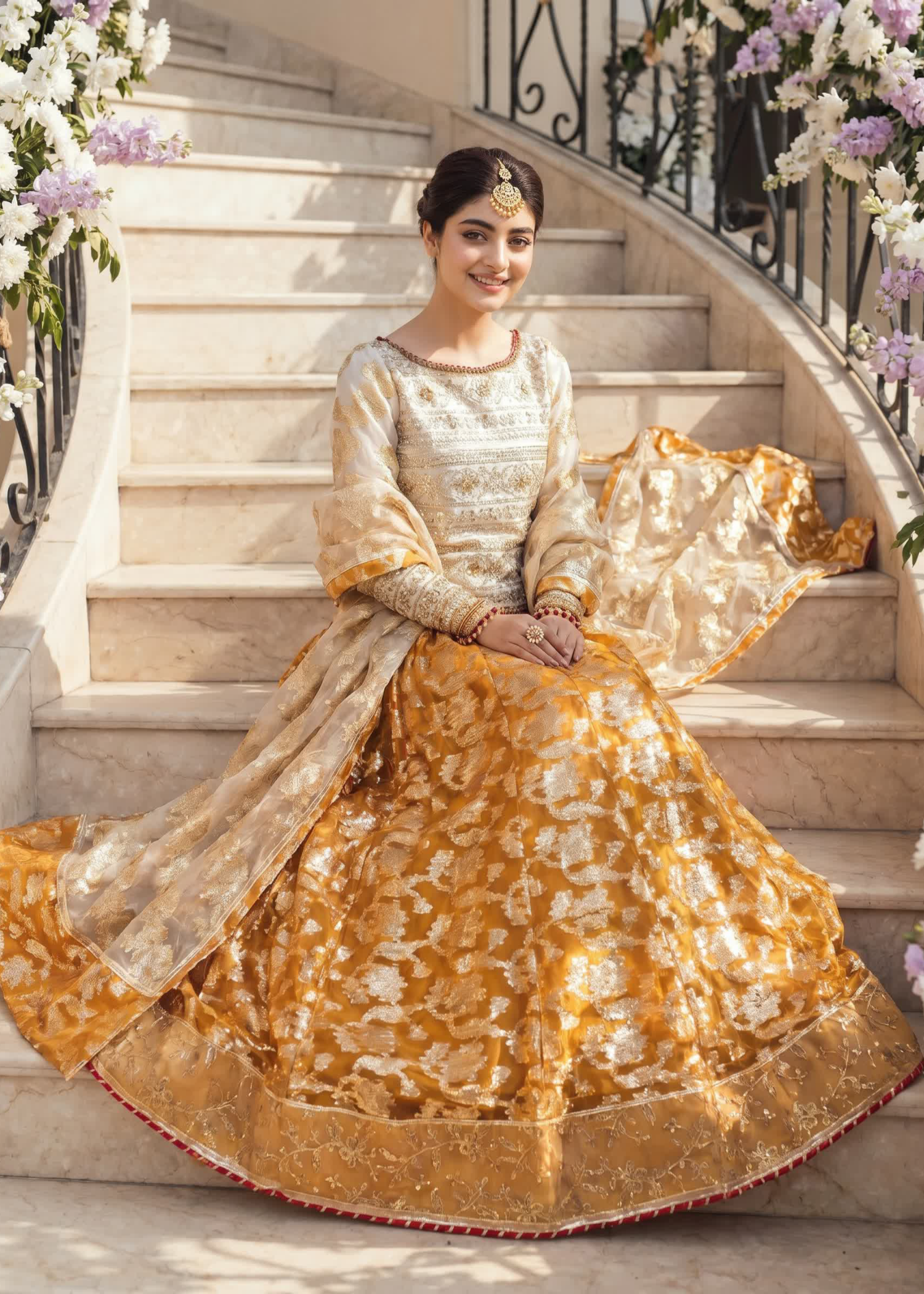 organza Lehenga in Beige, mustard