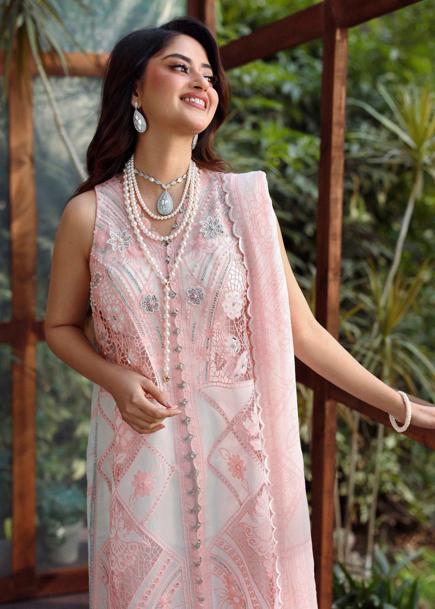 swiss voil Unstitched in Peach pink, white