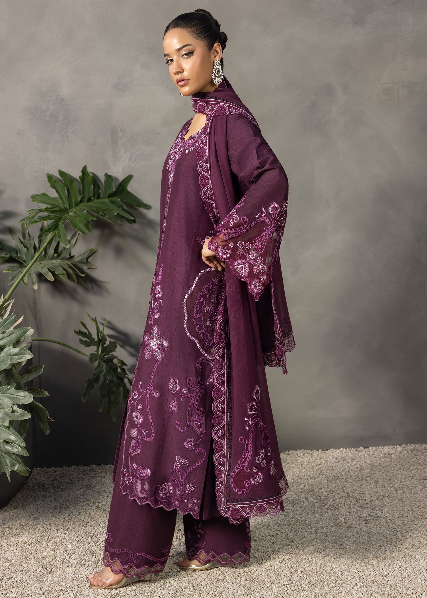 korean raw silk Kurta Set in Plum purple