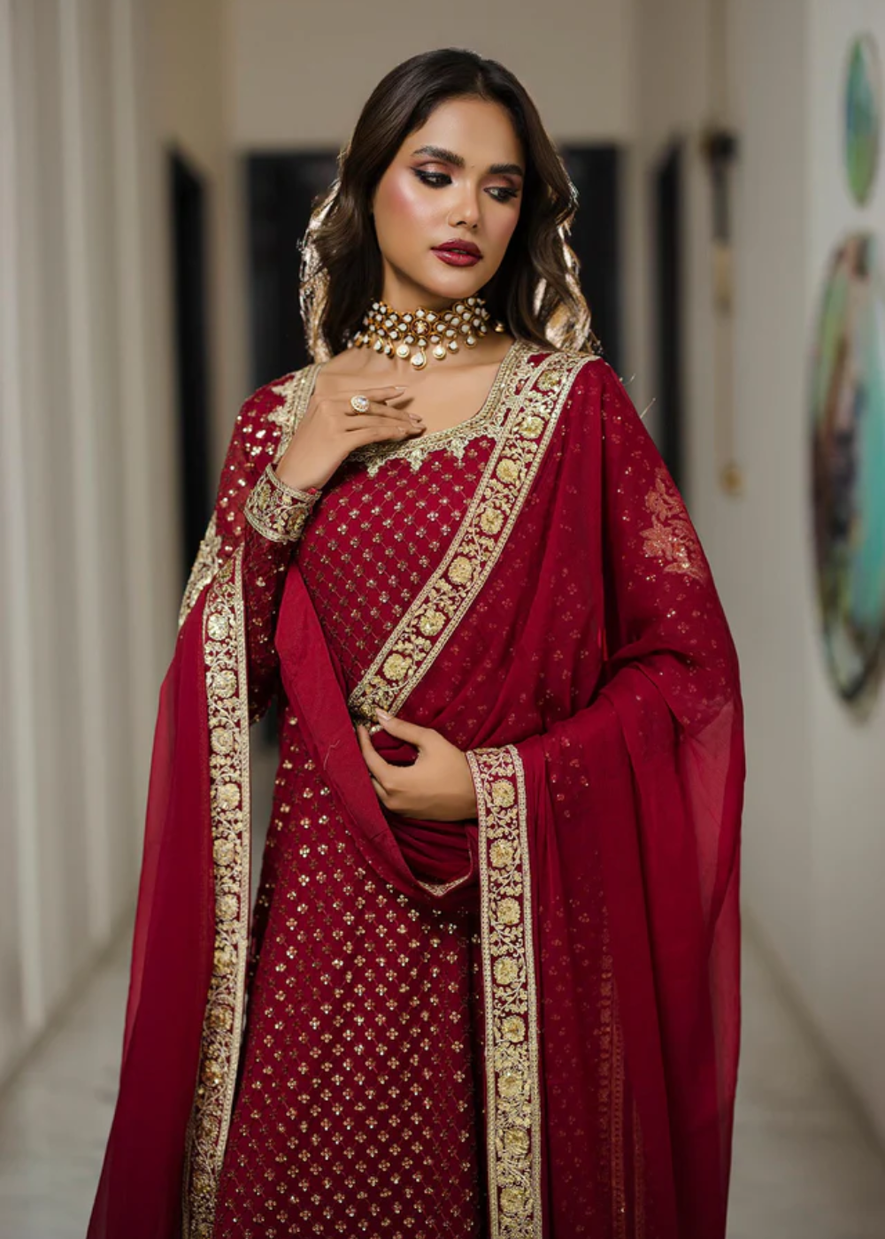 pure silk chiffon Kurta Set in Venetian red