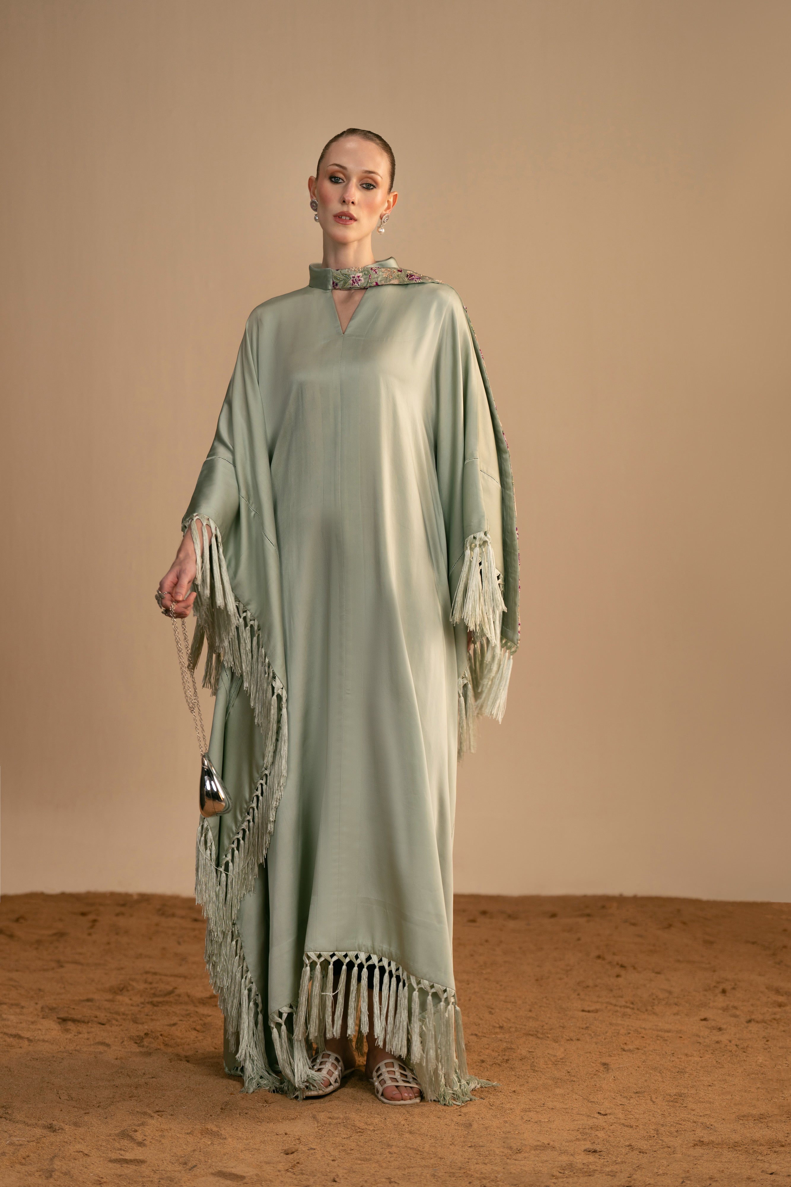satin silk Kaftan in Sage green